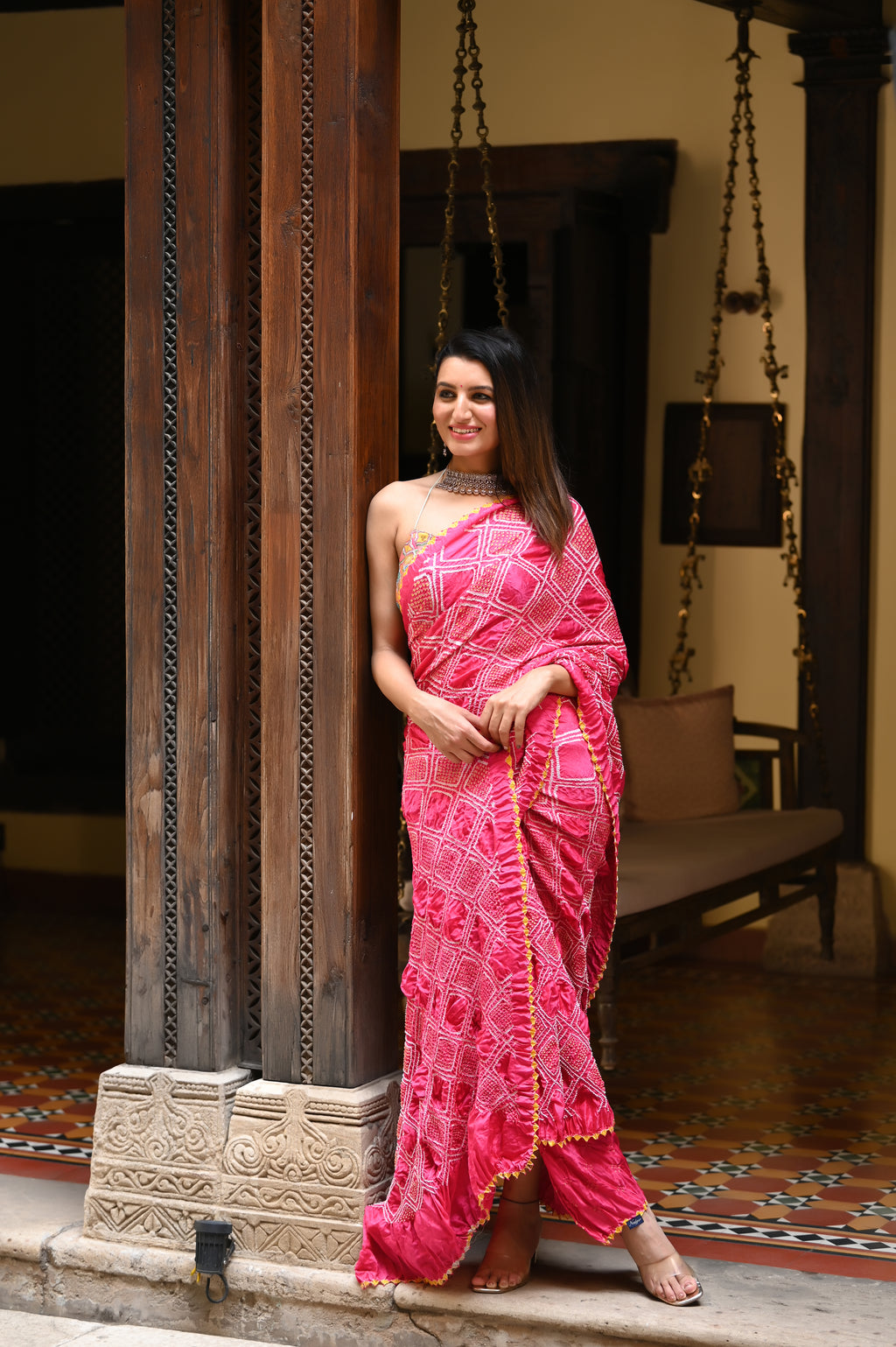 PINK DIAMOND GEOMETRIC BANDHANI SILK SAREE
