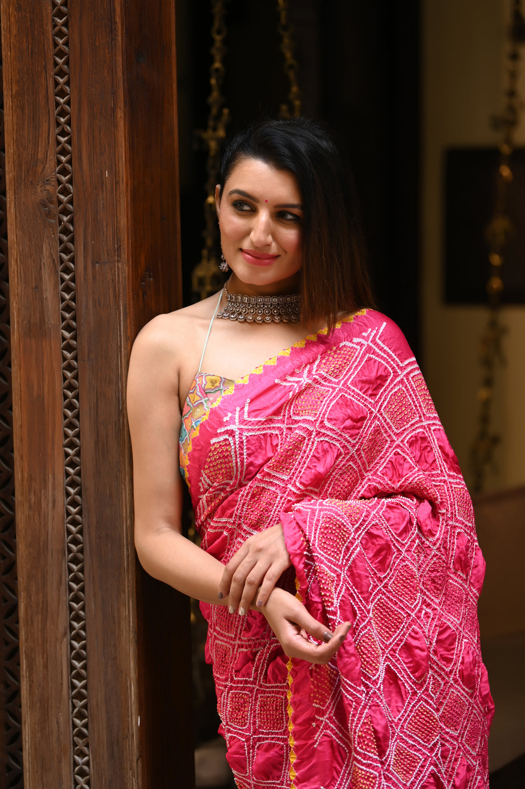 PINK DIAMOND GEOMETRIC BANDHANI SILK SAREE