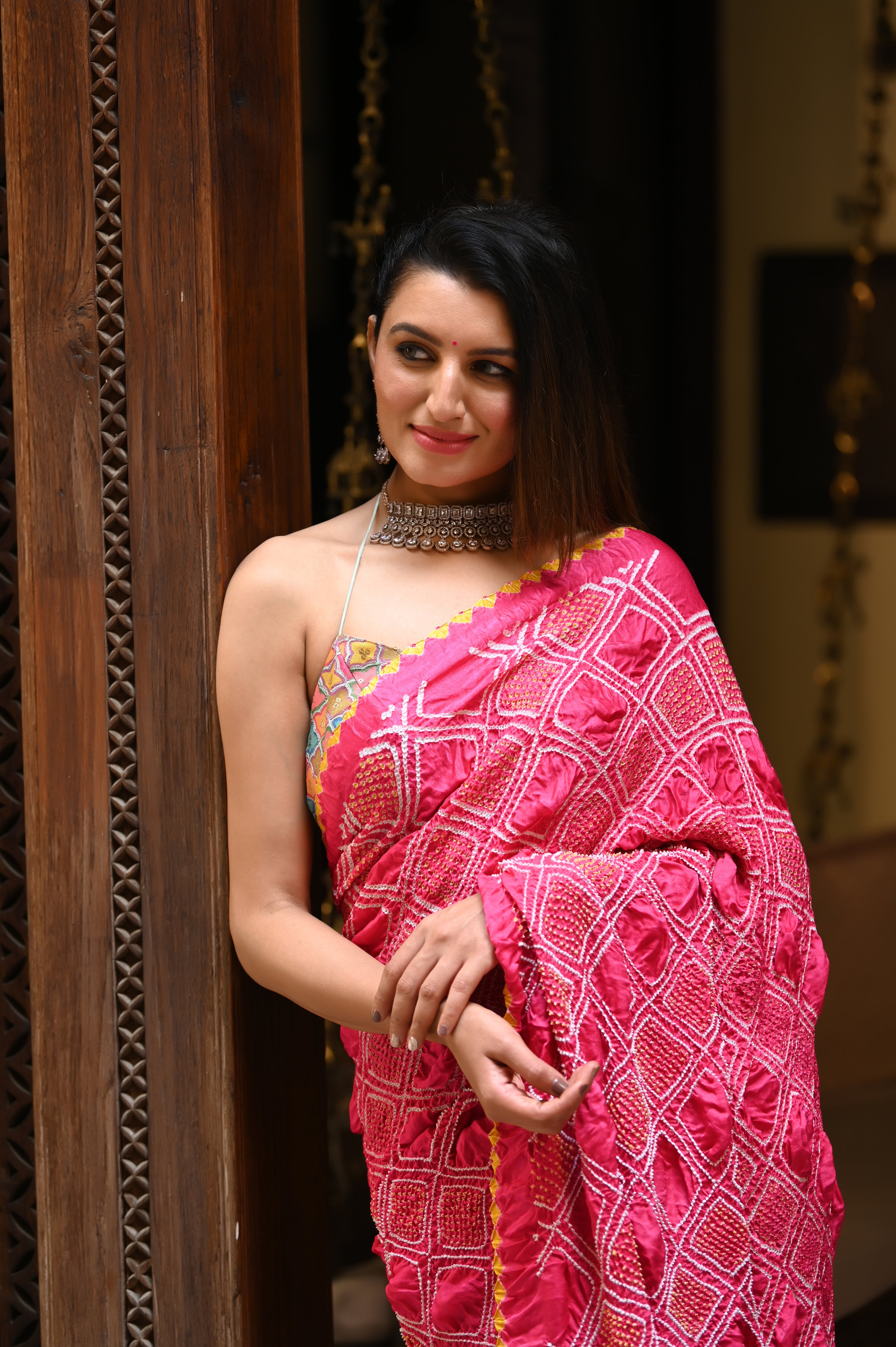 PINK DIAMOND GEOMETRIC BANDHANI SILK SAREE