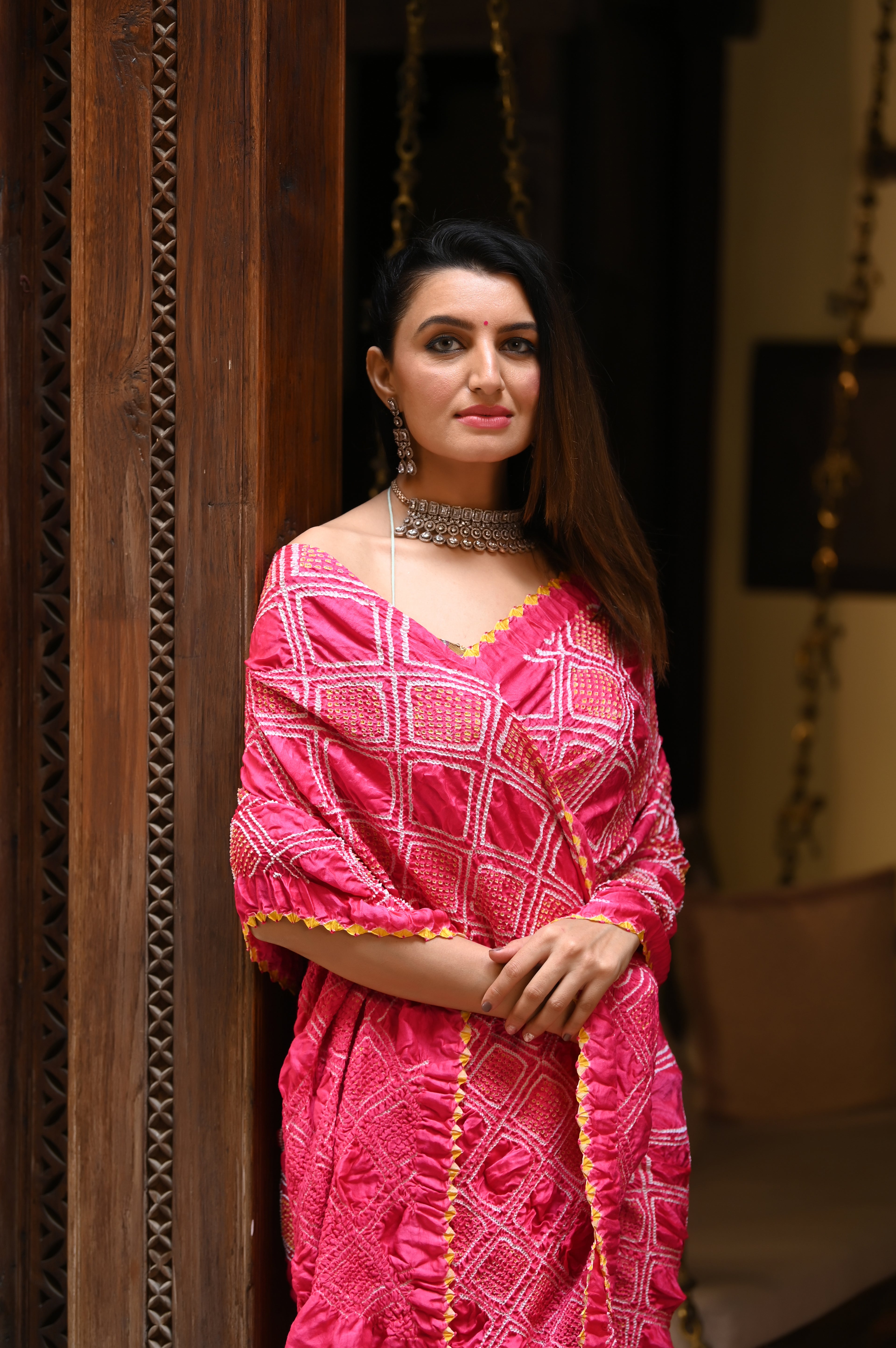 PINK DIAMOND GEOMETRIC BANDHANI SILK SAREE