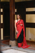 RED-BLACK YIN-YANG HALF FULL HALF EMPTY ETERNAL DOT BANDHANI SILK SAREE