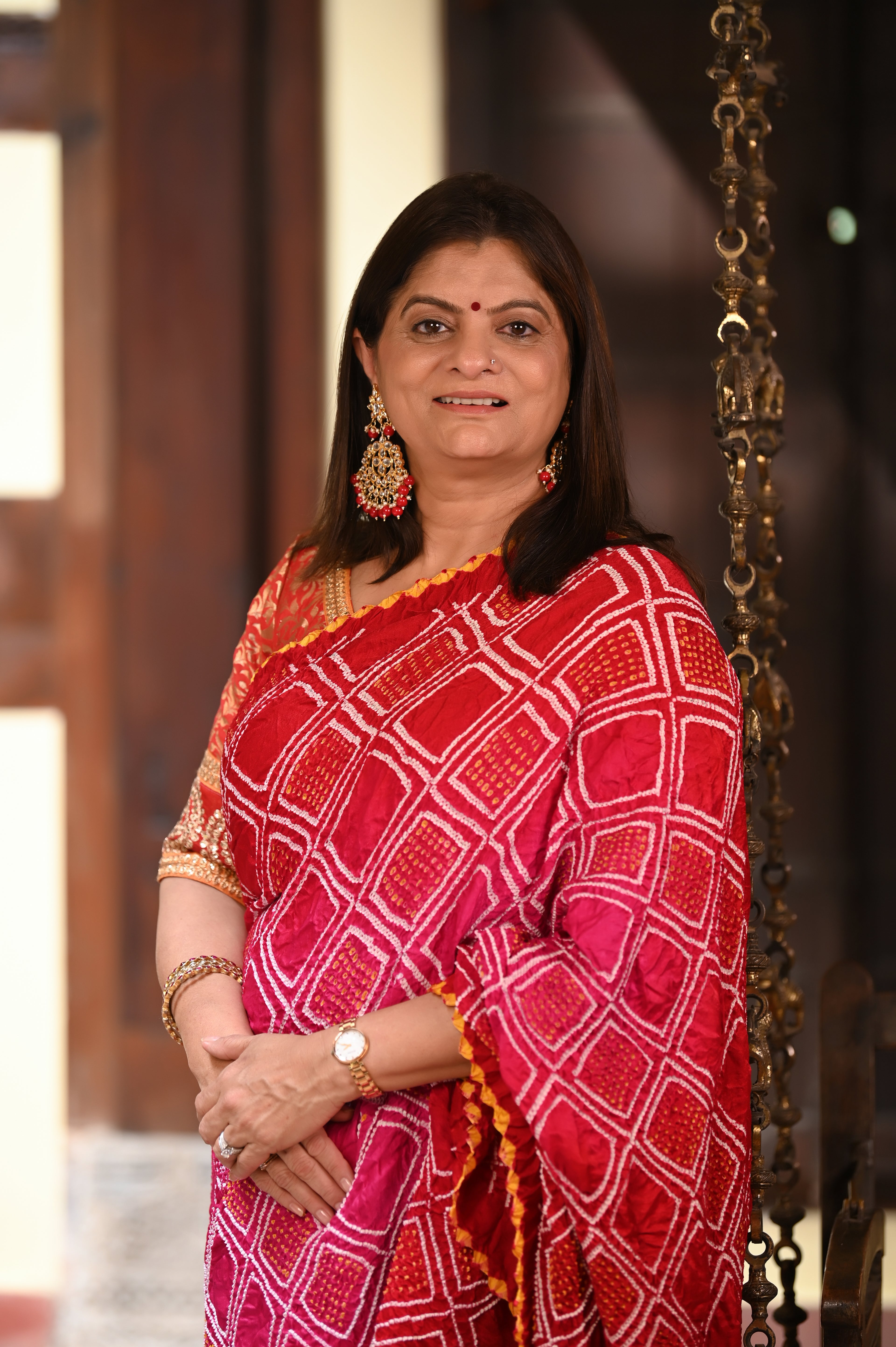PINK-RED DIAMOND GEOMETRIC BANDHANI SILK SAREE