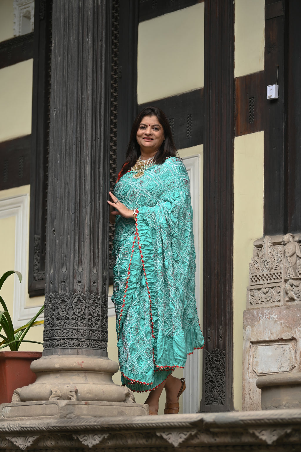 LIGHT BLUE DIAMOND GEOMETRIC BANDHANI SILK SAREE