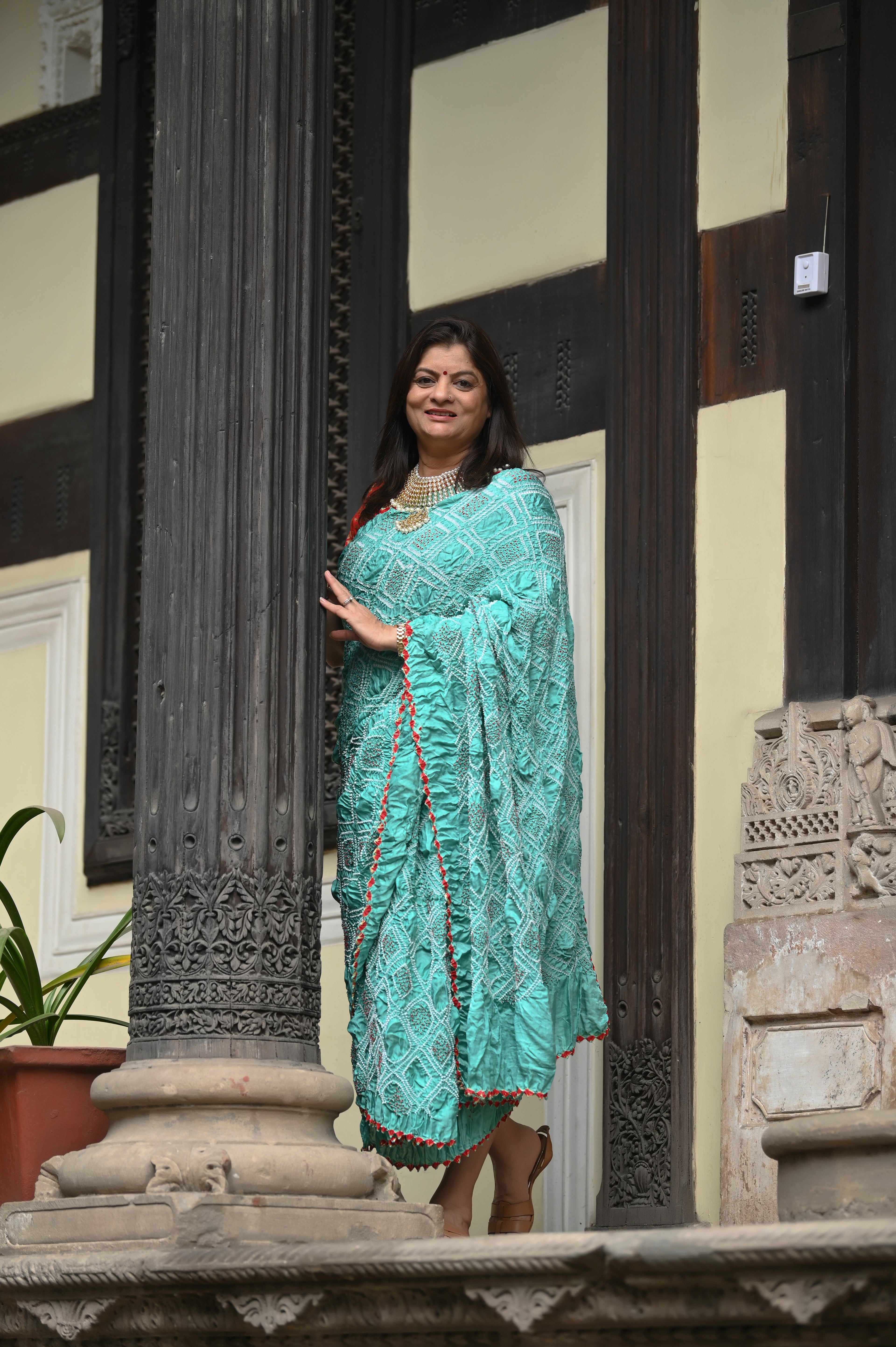 LIGHT BLUE DIAMOND GEOMETRIC BANDHANI SILK SAREE