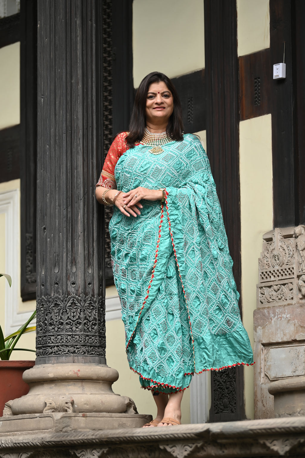 LIGHT BLUE DIAMOND GEOMETRIC BANDHANI SILK SAREE