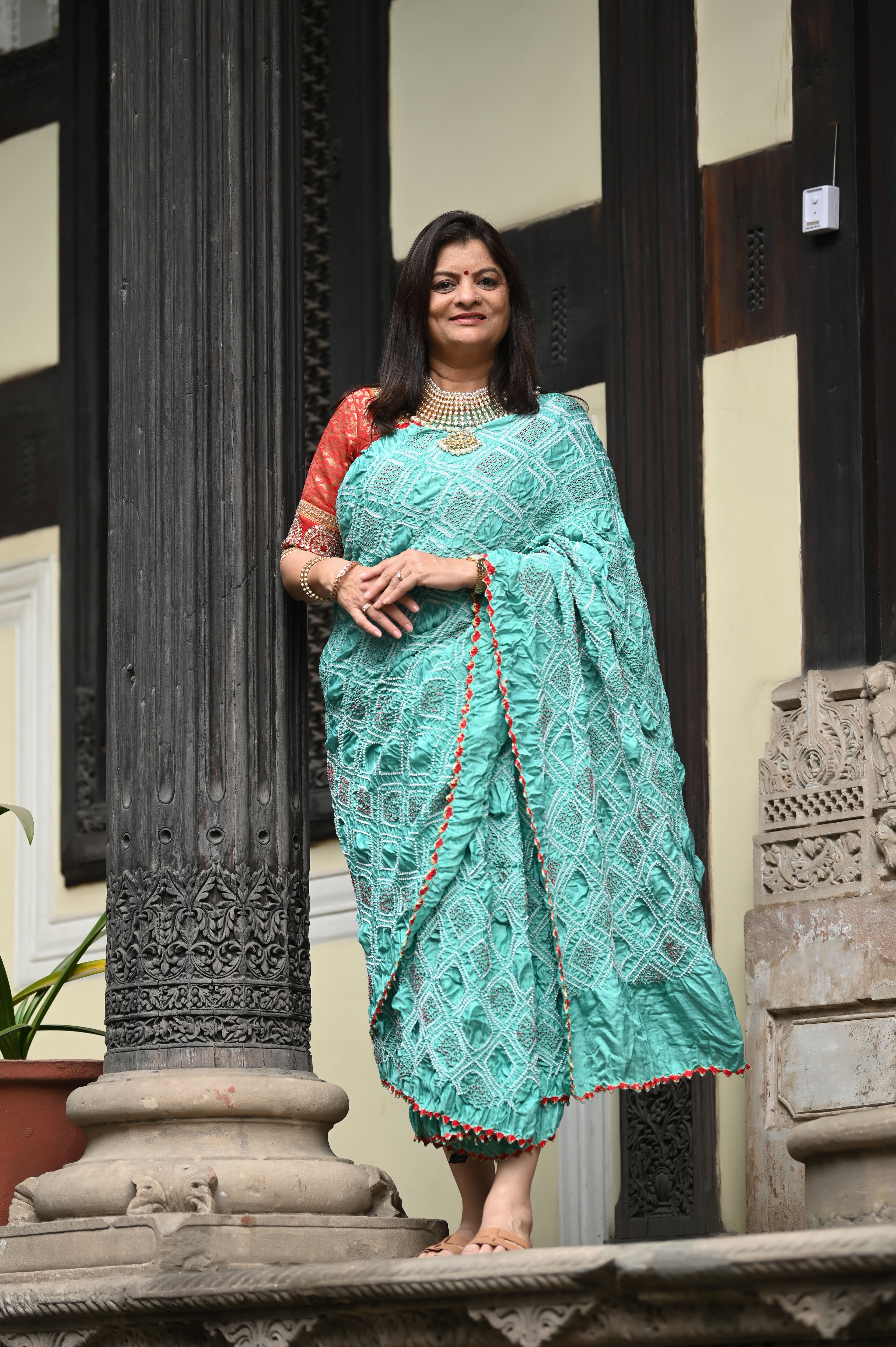 LIGHT BLUE DIAMOND GEOMETRIC BANDHANI SILK SAREE