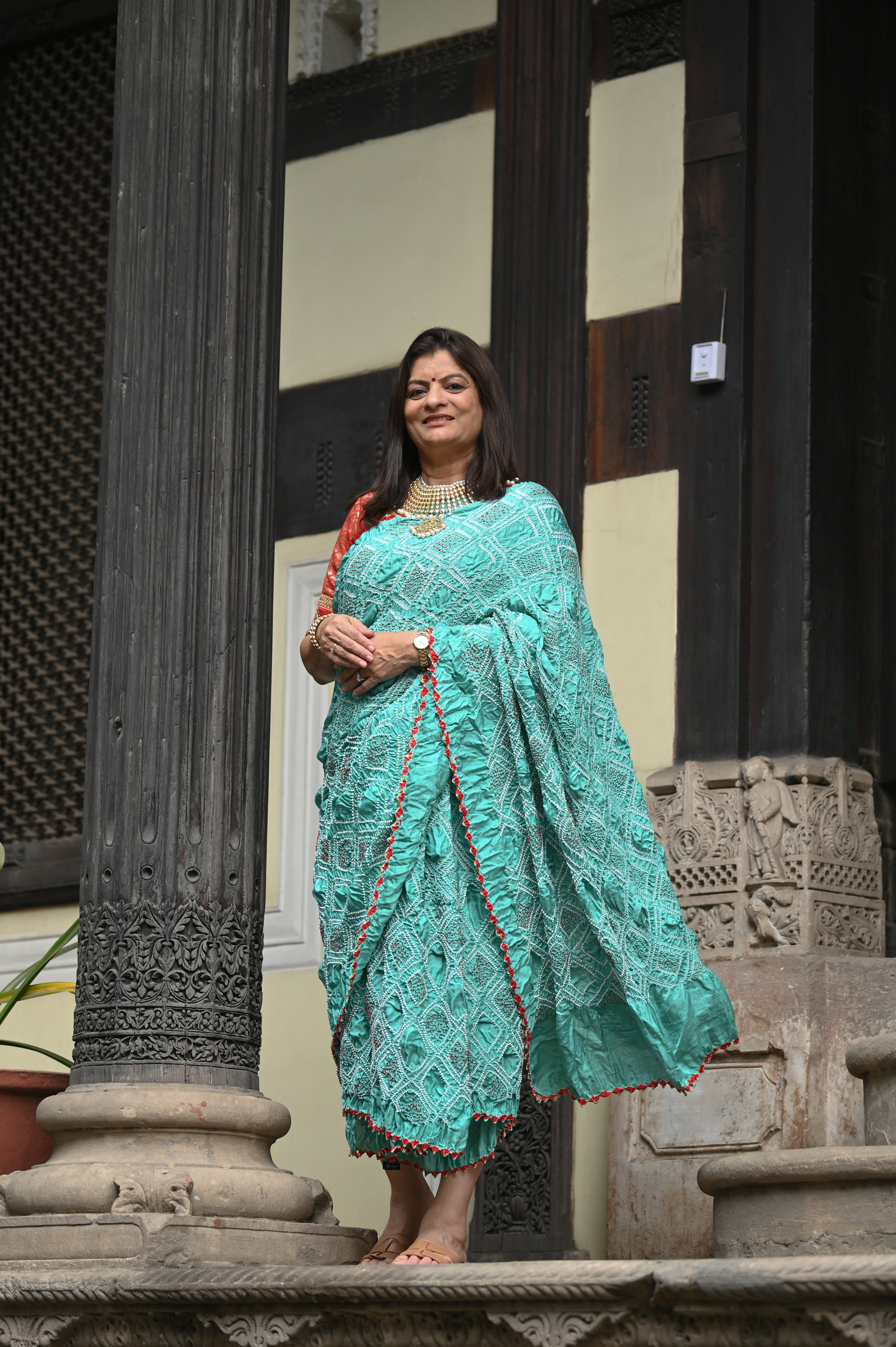 LIGHT BLUE DIAMOND GEOMETRIC BANDHANI SILK SAREE