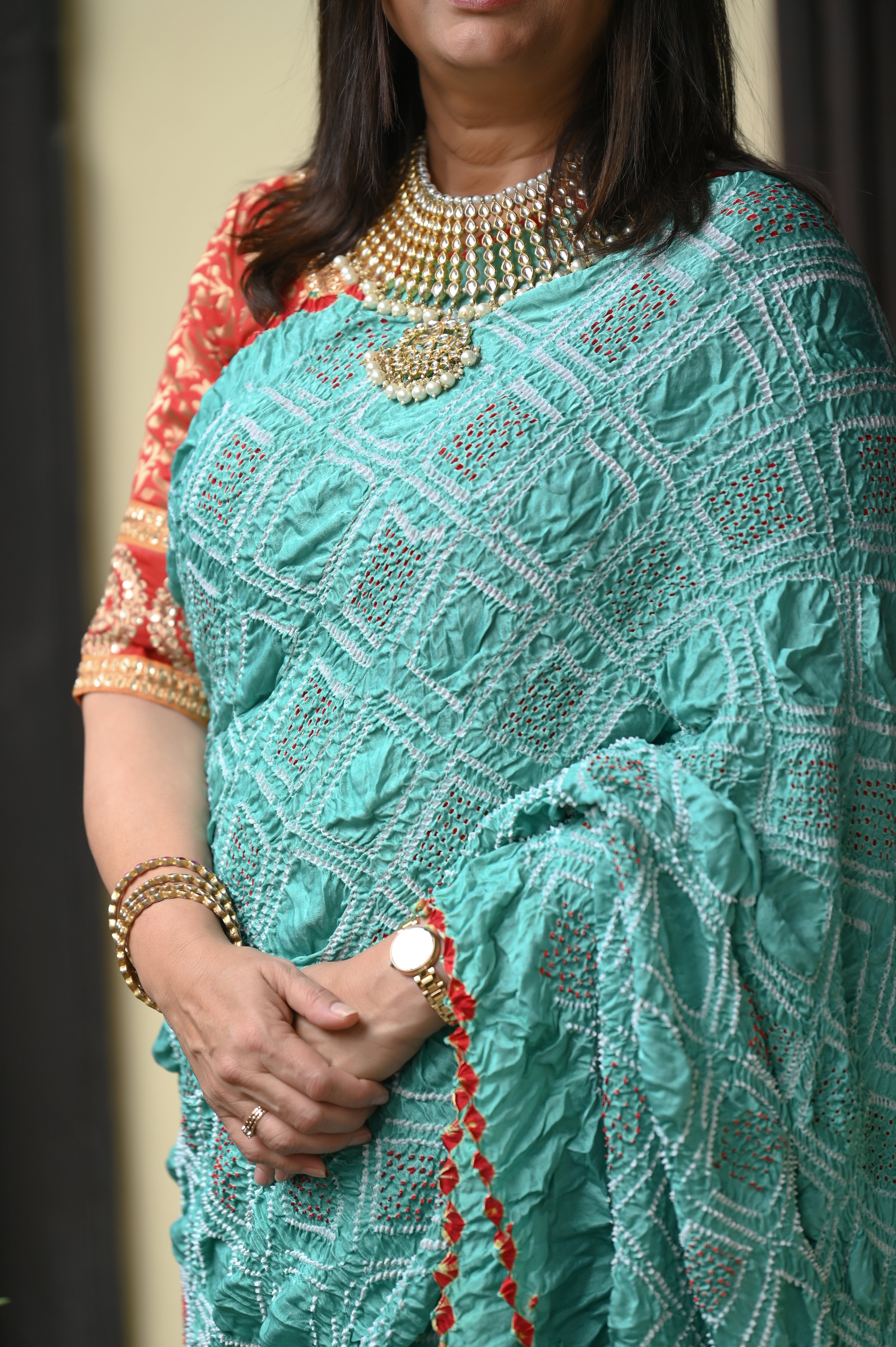 LIGHT BLUE DIAMOND GEOMETRIC BANDHANI SILK SAREE