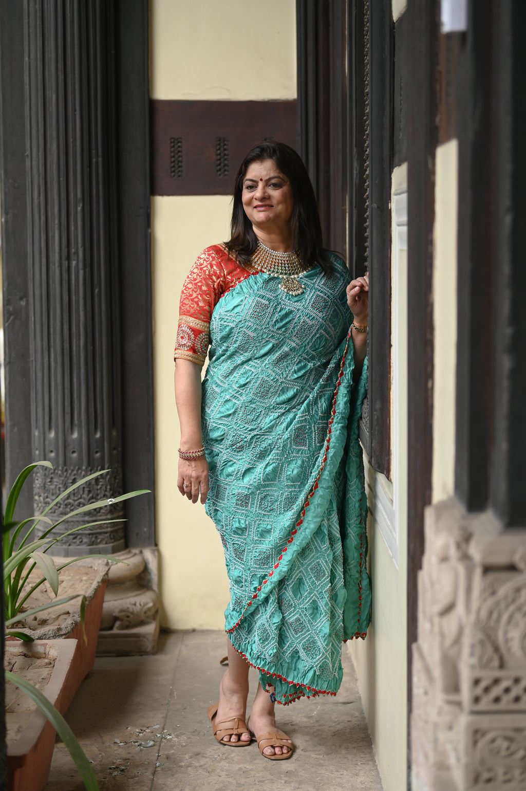 LIGHT BLUE DIAMOND GEOMETRIC BANDHANI SILK SAREE