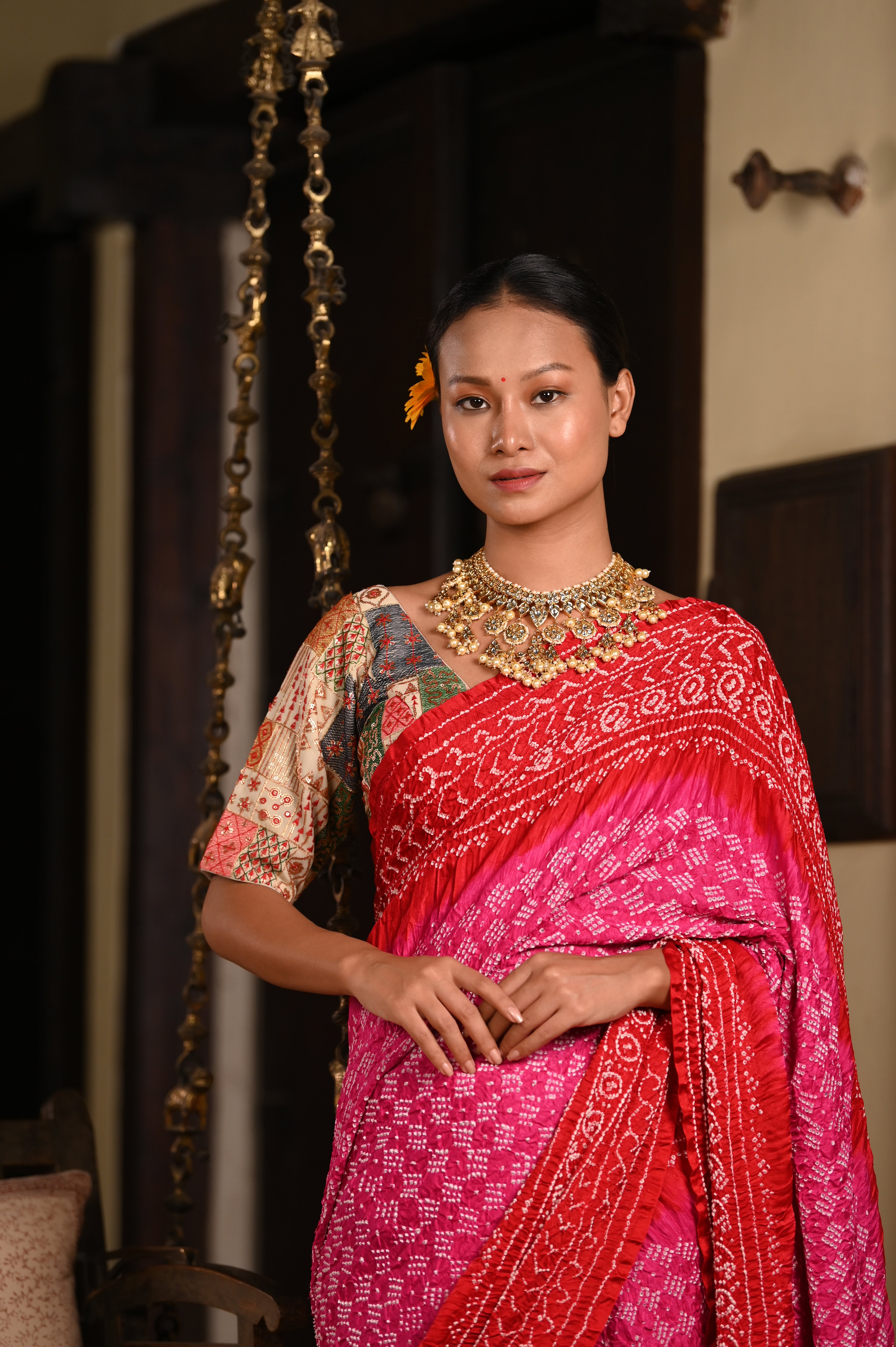 PINK-RED CLASSIC TRADITIONAL BANDHANI SILK SAREE
