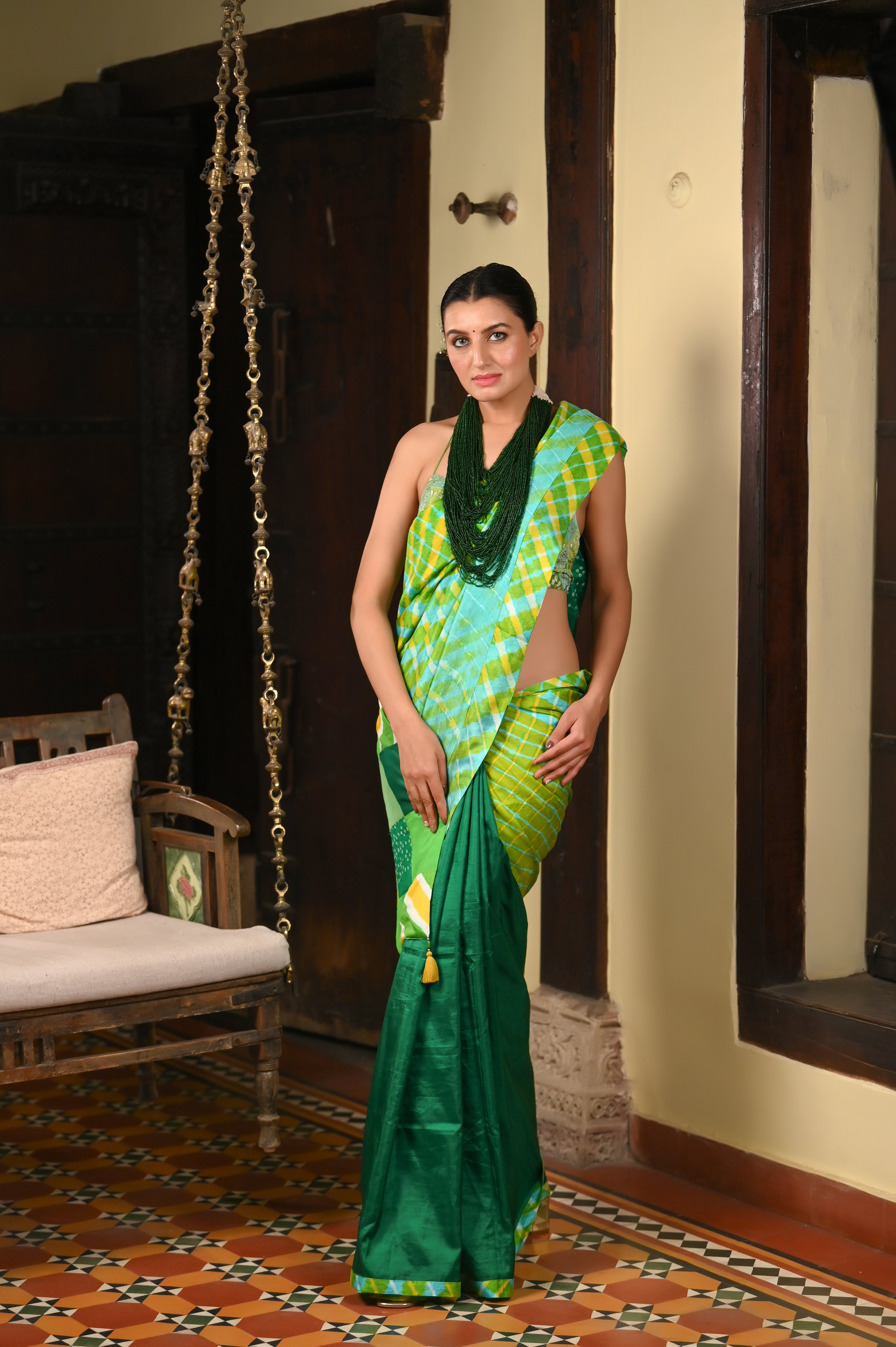 GREEN BAARADOZI PATCHWORK REVERSIBLE SILK SAREE
