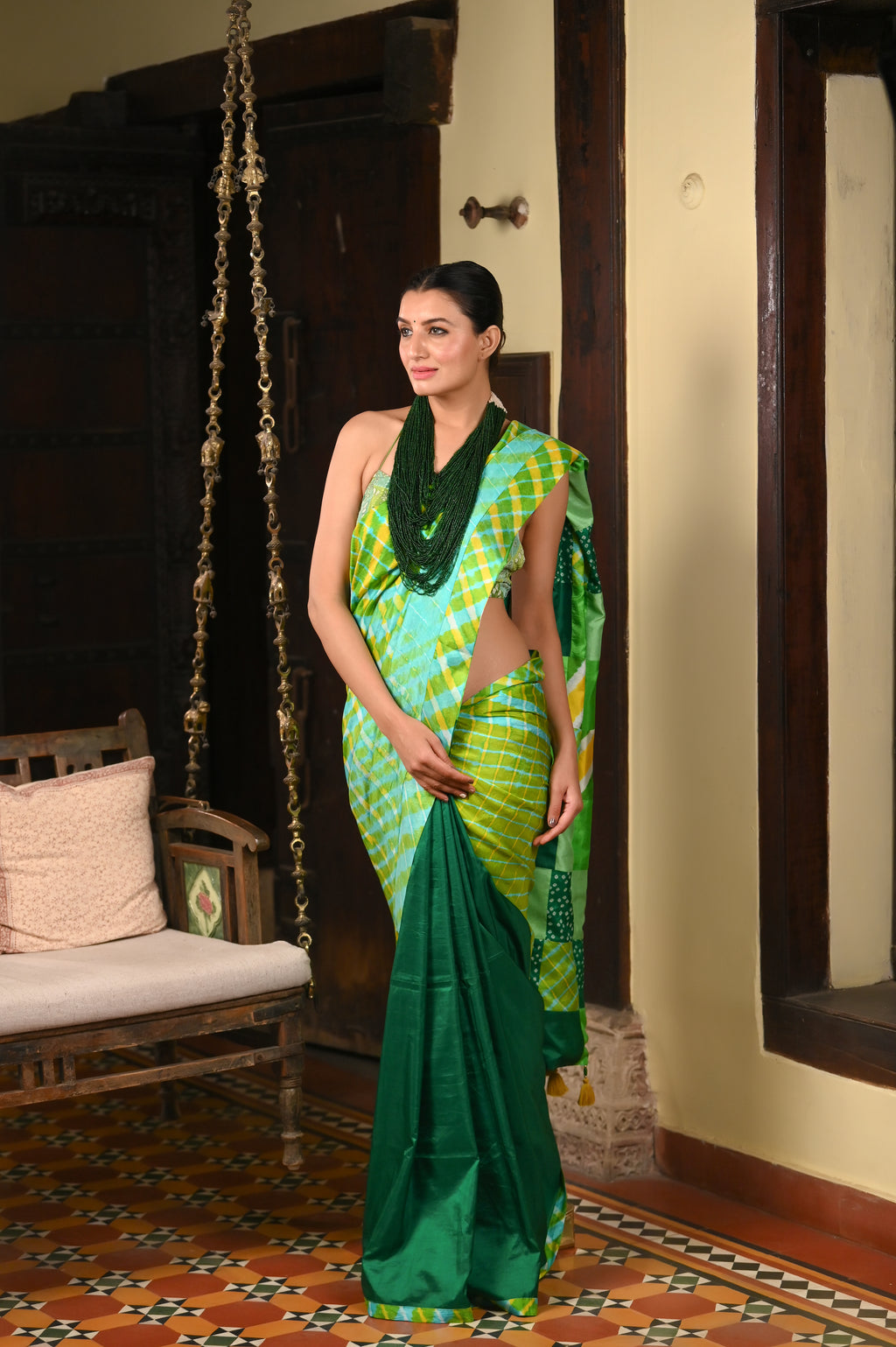 GREEN BAARADOZI PATCHWORK REVERSIBLE SILK SAREE