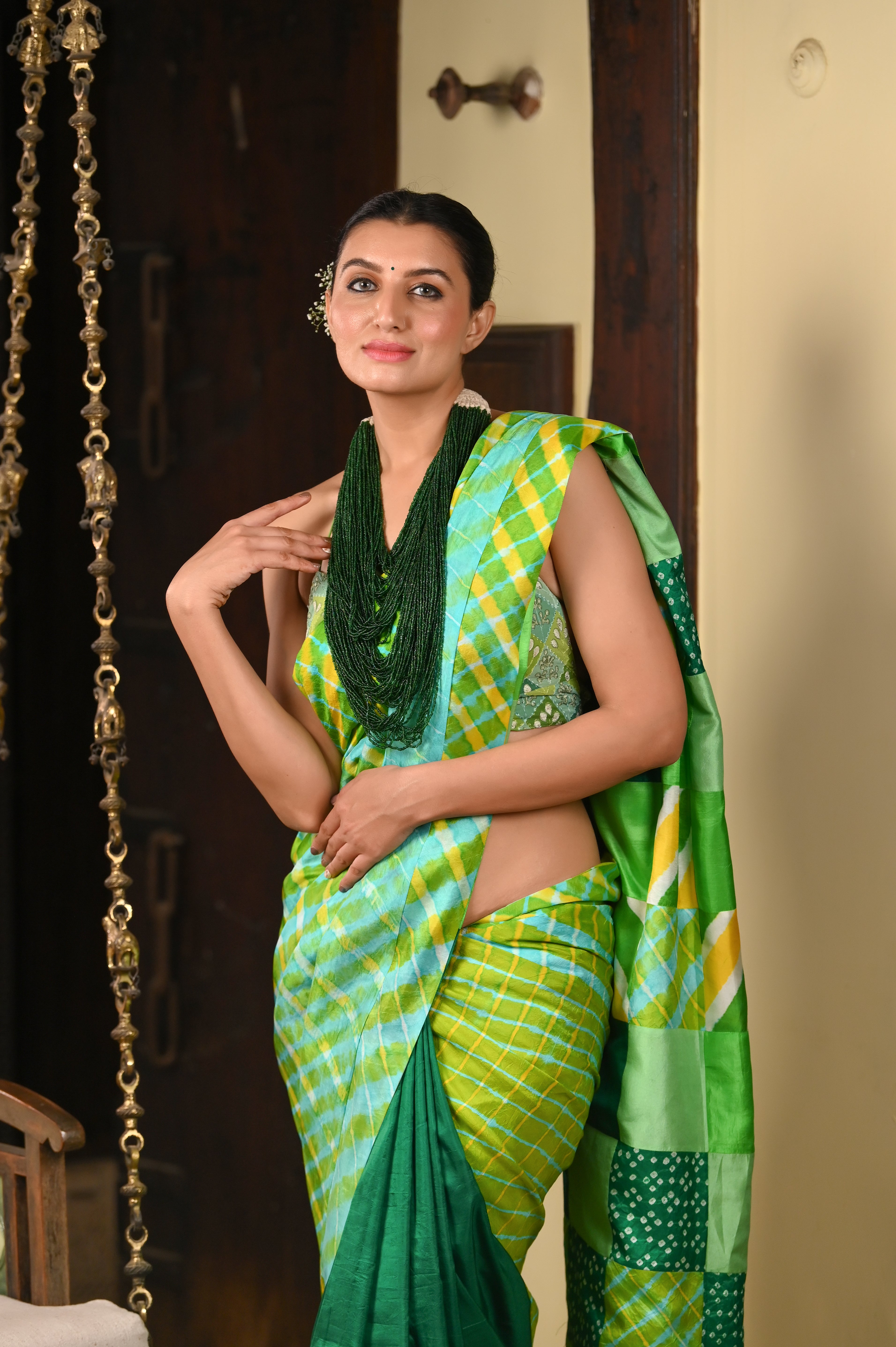 GREEN BAARADOZI PATCHWORK REVERSIBLE SILK SAREE