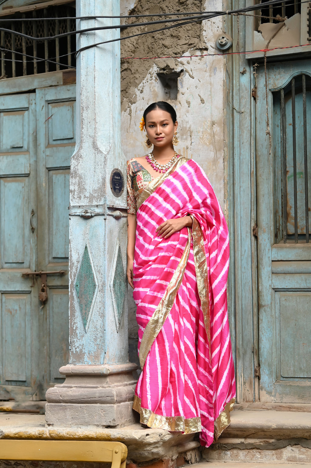 PINK LEHERIYA SILK SAREE WITH LAMPI BORDER