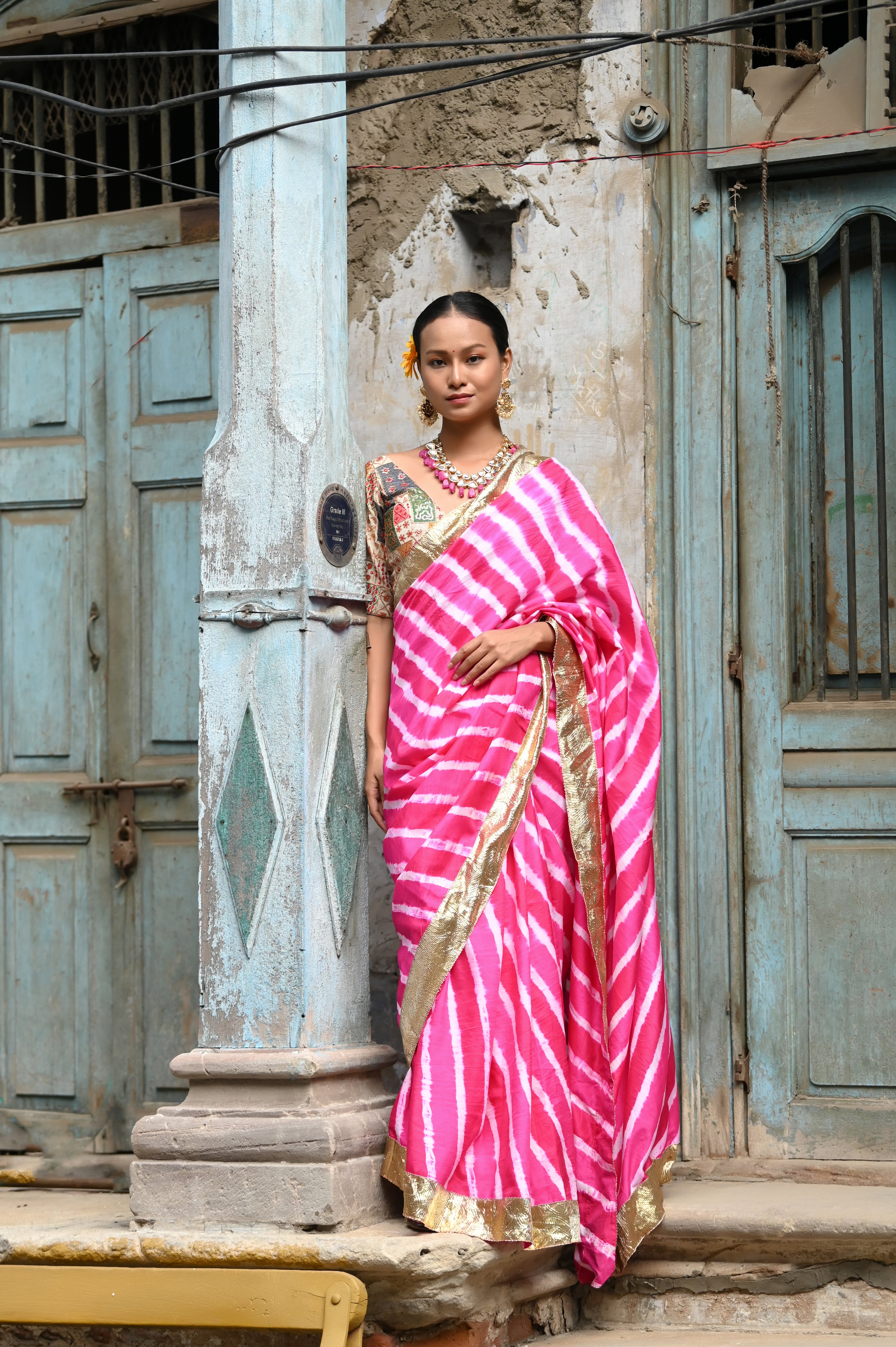 PINK LEHERIYA SILK SAREE WITH LAMPI BORDER