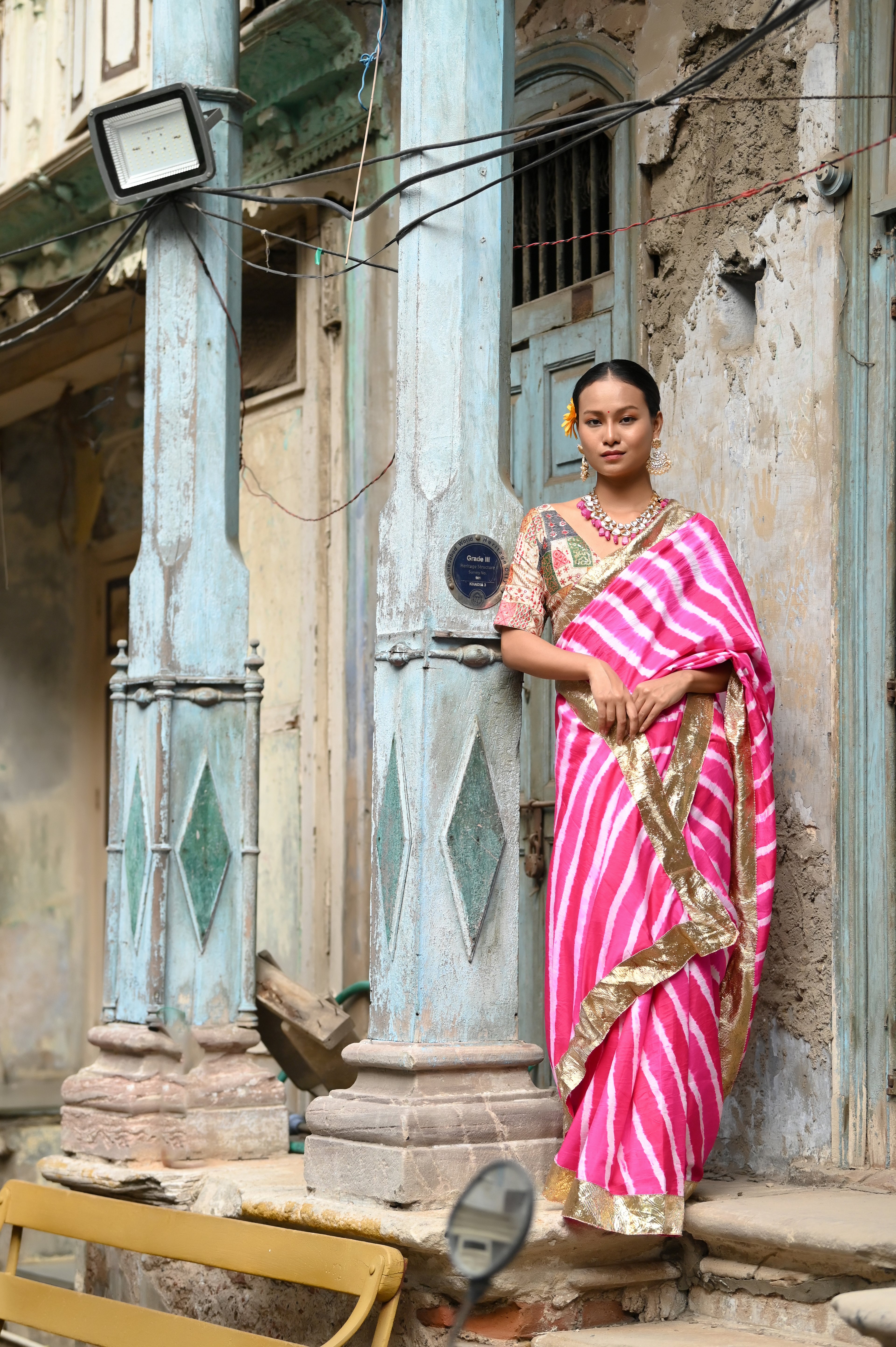 PINK LEHERIYA SILK SAREE WITH LAMPI BORDER