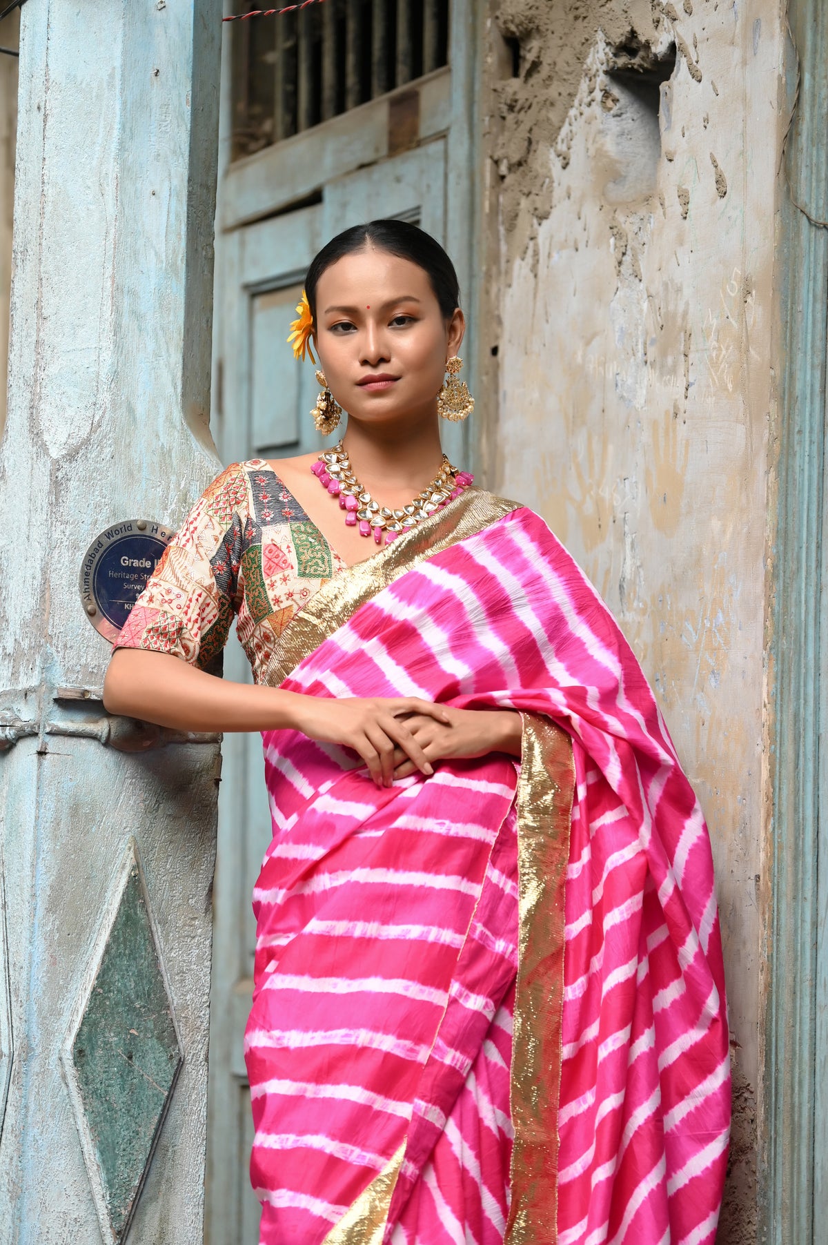 LEHERIYA SILK SAREE WITH LAMPI PINK