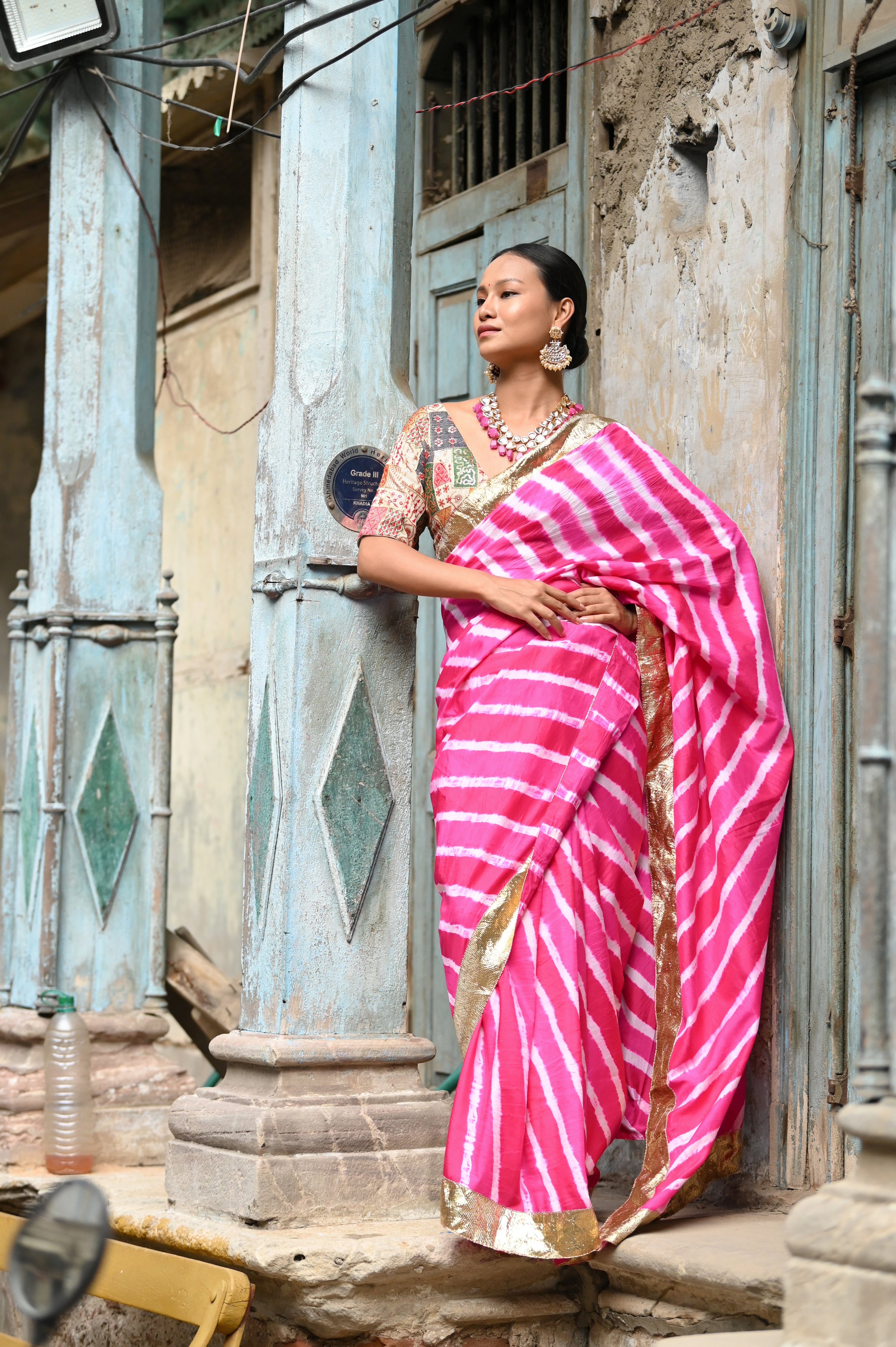 PINK LEHERIYA SILK SAREE WITH LAMPI BORDER