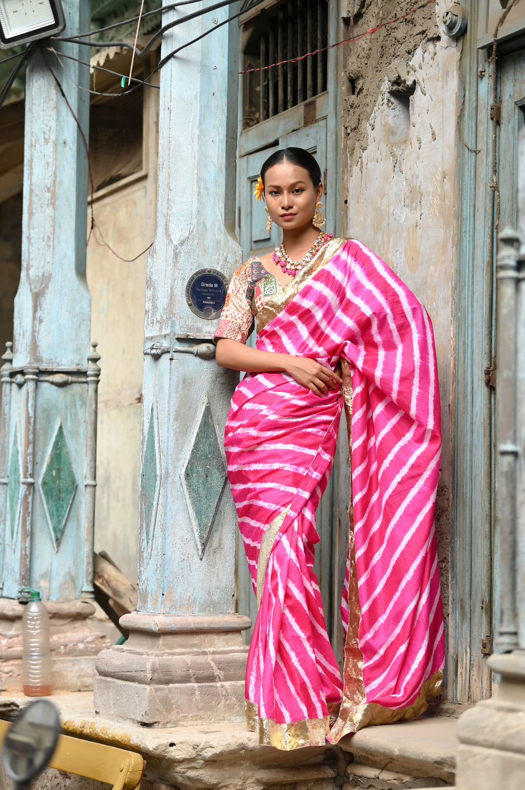 PINK LEHERIYA SILK SAREE WITH LAMPI BORDER
