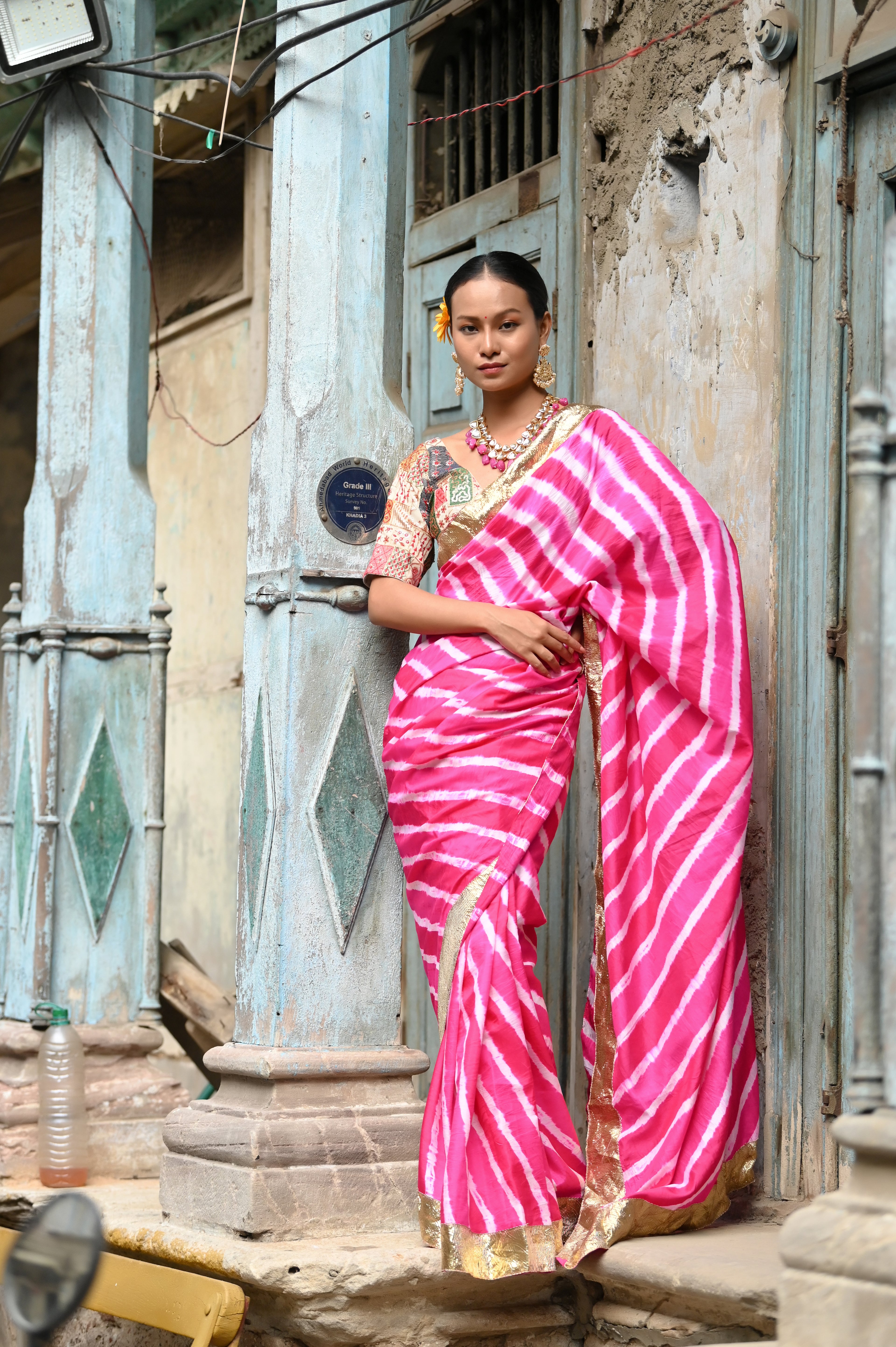 PINK LEHERIYA SILK SAREE WITH LAMPI BORDER