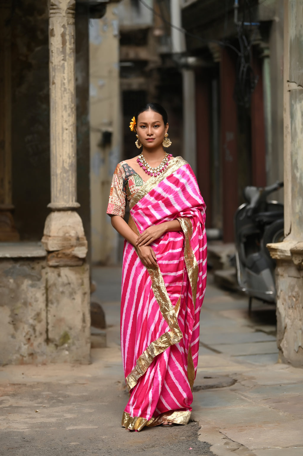 PINK LEHERIYA SILK SAREE WITH LAMPI BORDER