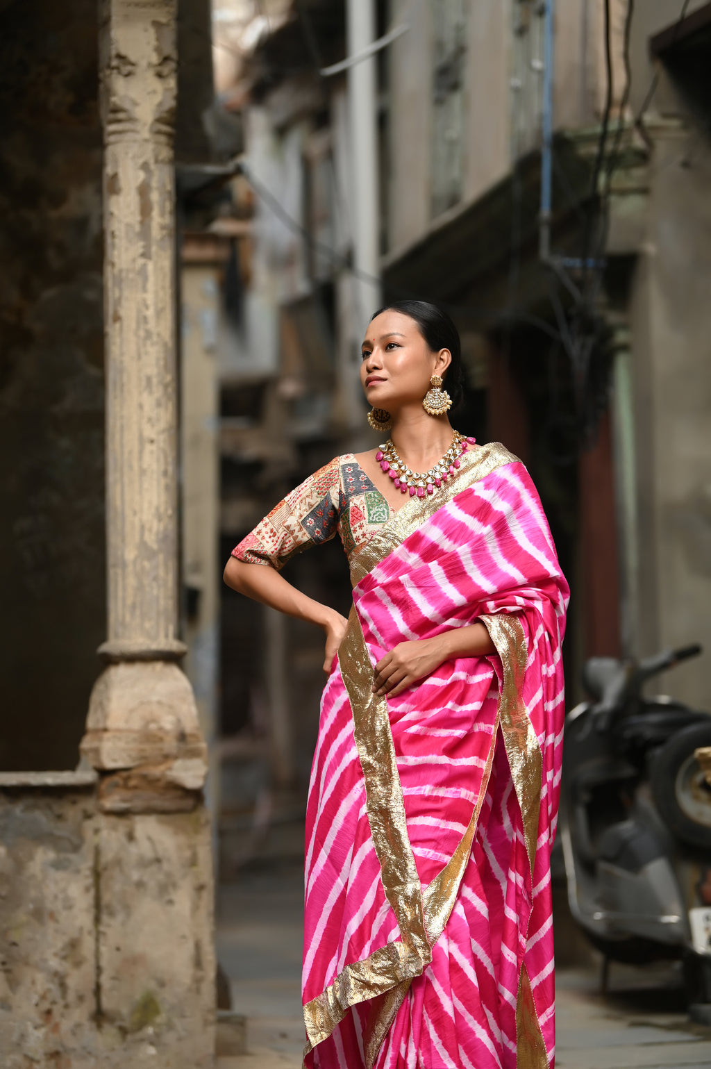 PINK LEHERIYA SILK SAREE WITH LAMPI BORDER