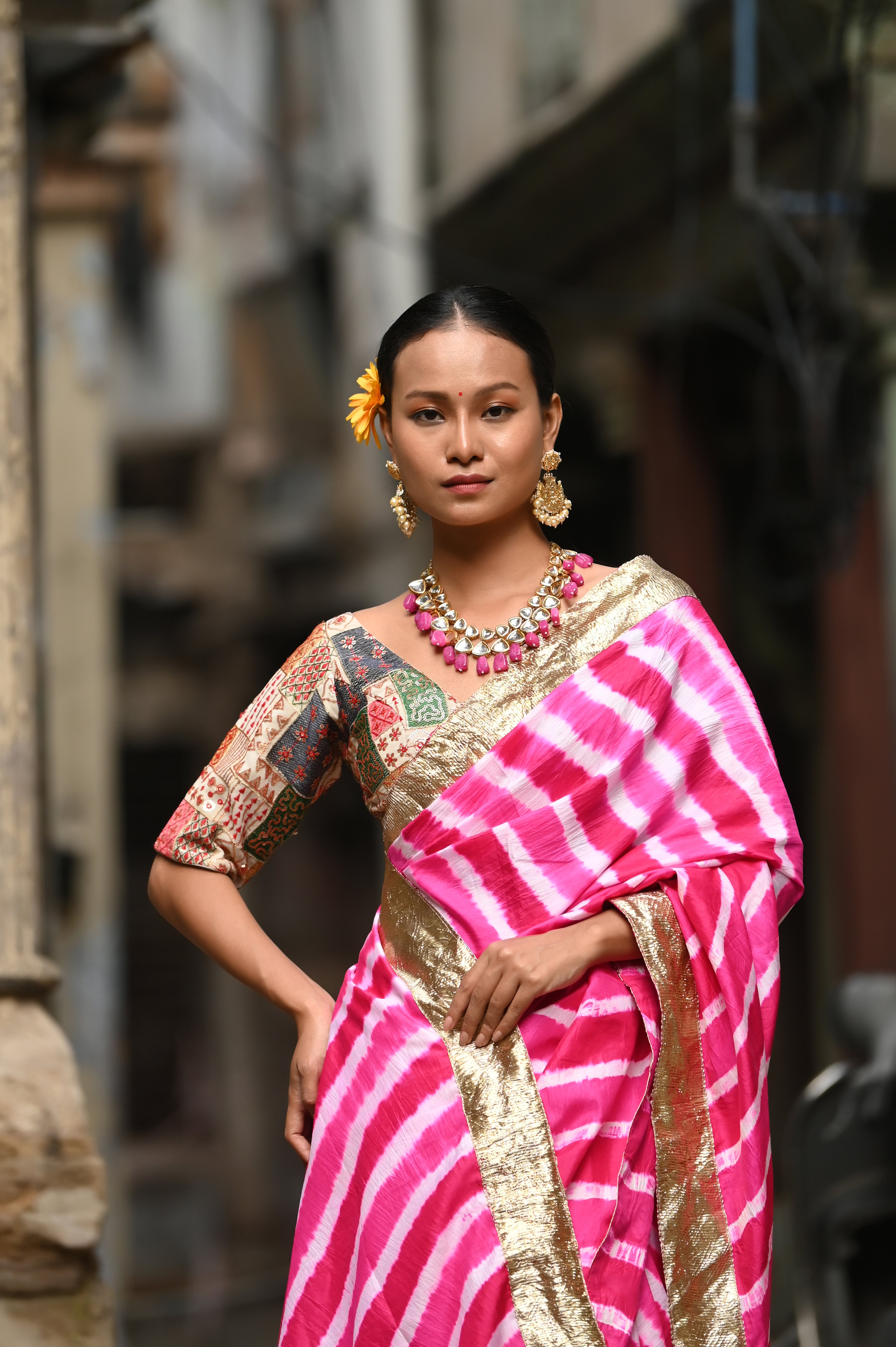 PINK LEHERIYA SILK SAREE WITH LAMPI BORDER