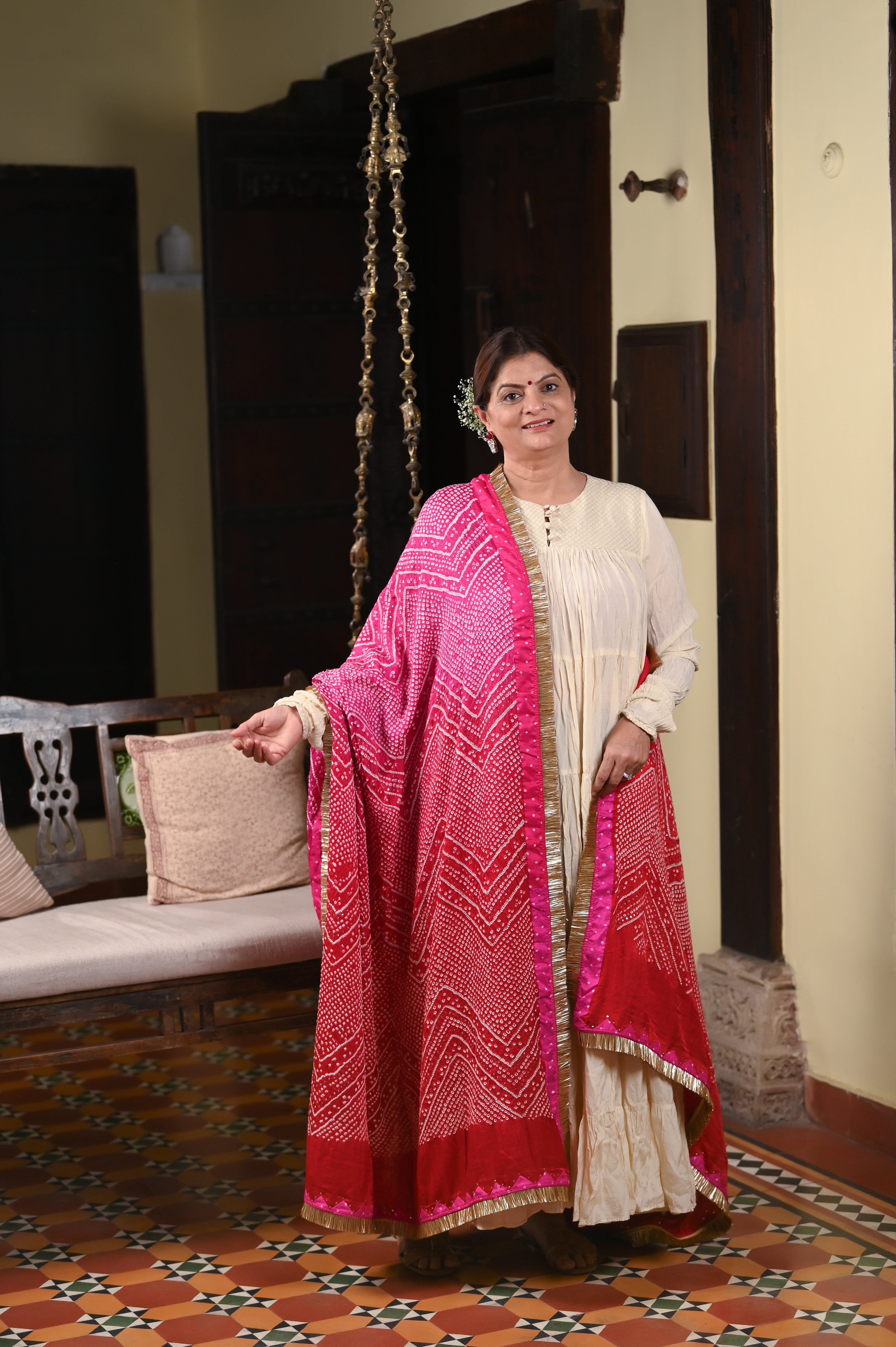 PINK-RED CHEVRON BANDHANI SILK DUPATTA WITH APPLIQUE AND KIRAN BORDER