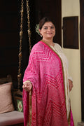 PINK-RED CHEVRON BANDHANI SILK DUPATTA WITH APPLIQUE AND KIRAN BORDER