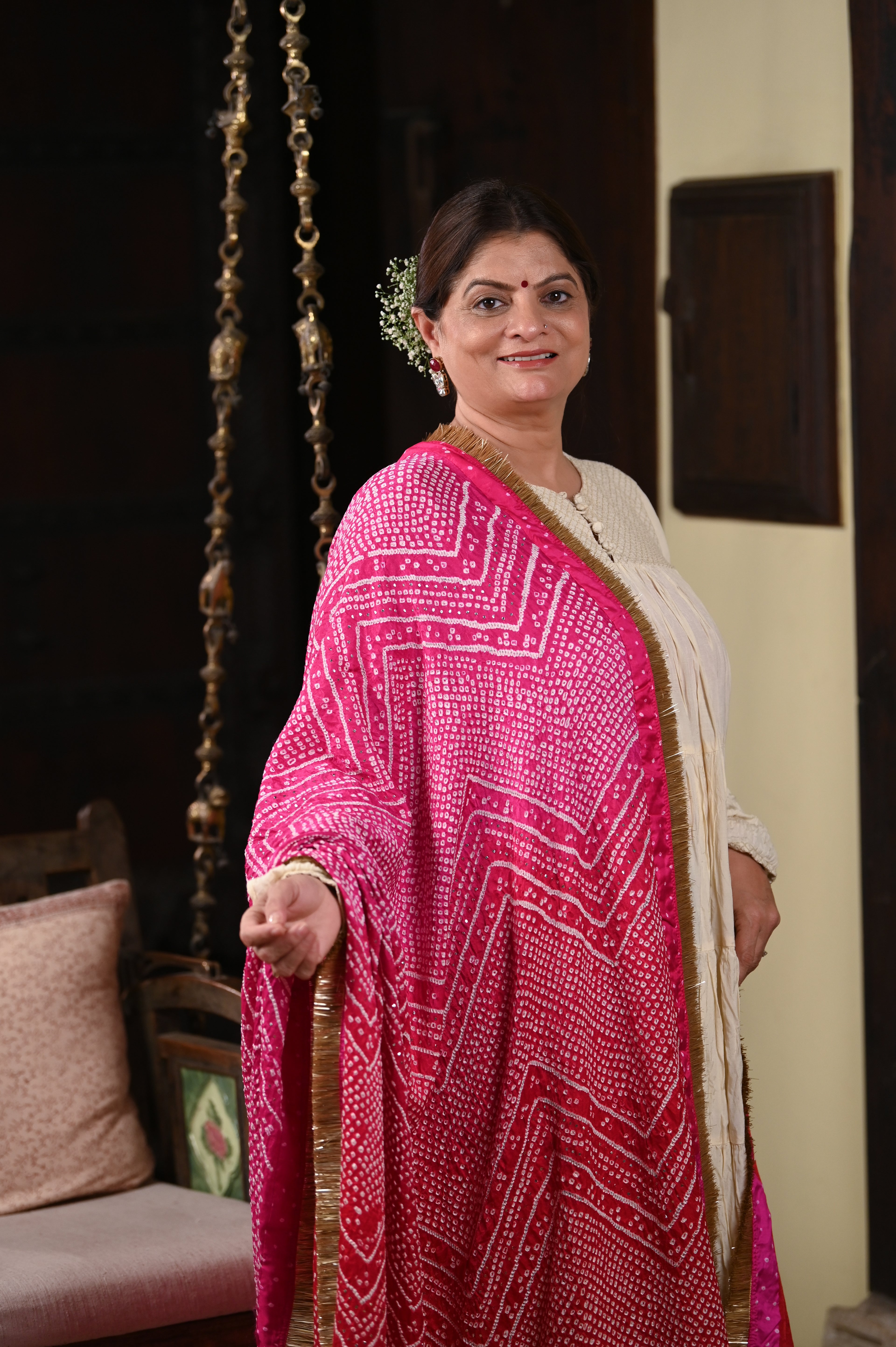 PINK-RED CHEVRON BANDHANI SILK DUPATTA WITH APPLIQUE AND KIRAN BORDER
