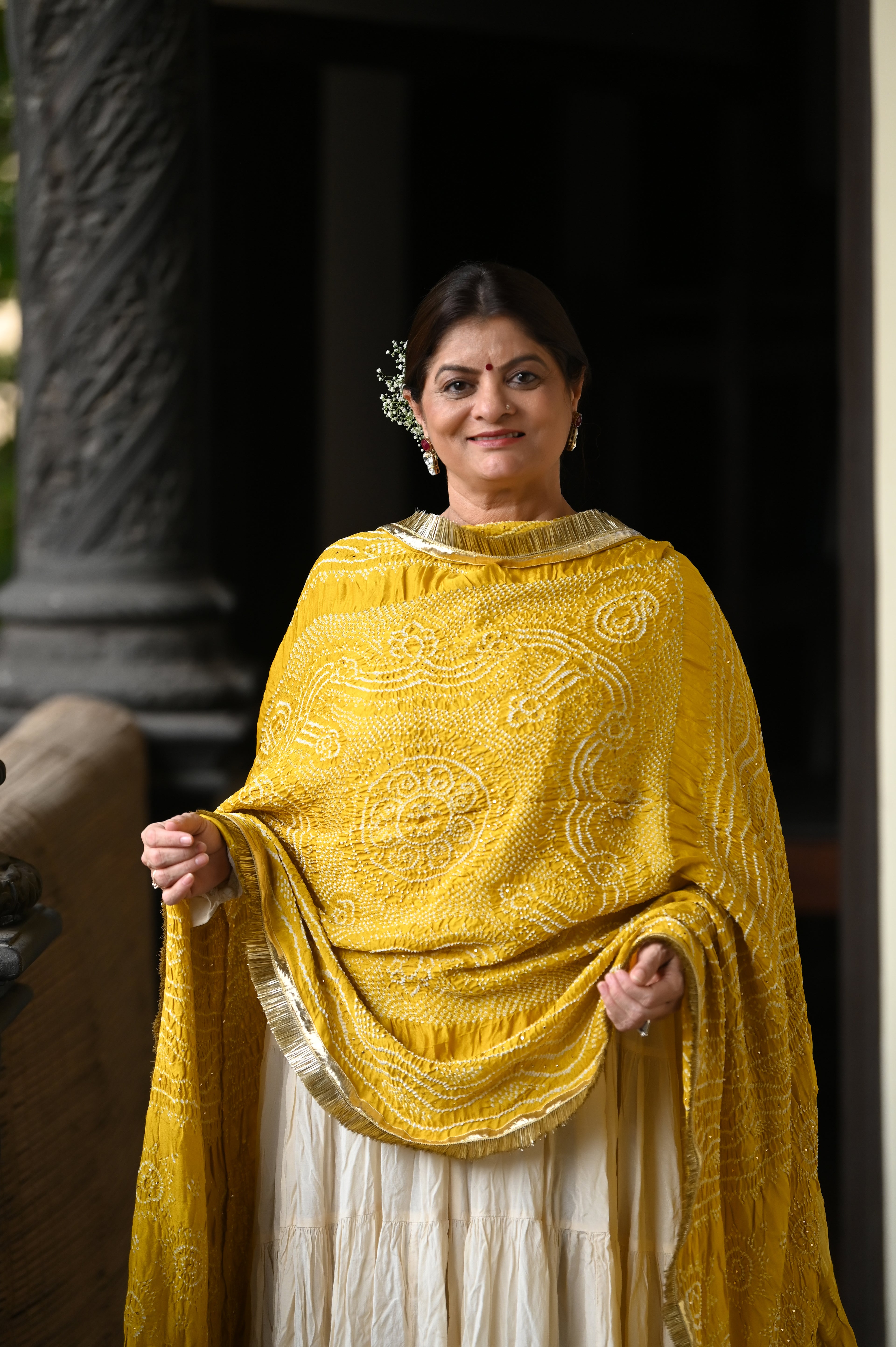 YELLOW CLASSIC TRADITIONAL BANDHANI SILK DUPATTA WITH LAMPI AND KIRAN BORDER