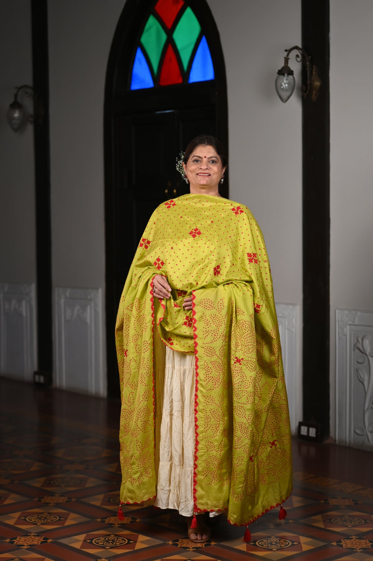 POPPY FLOWER BANDHANI SILK DUPATTA WITH EMBROIDERY AND MIRROR BORDER LIME GREEN