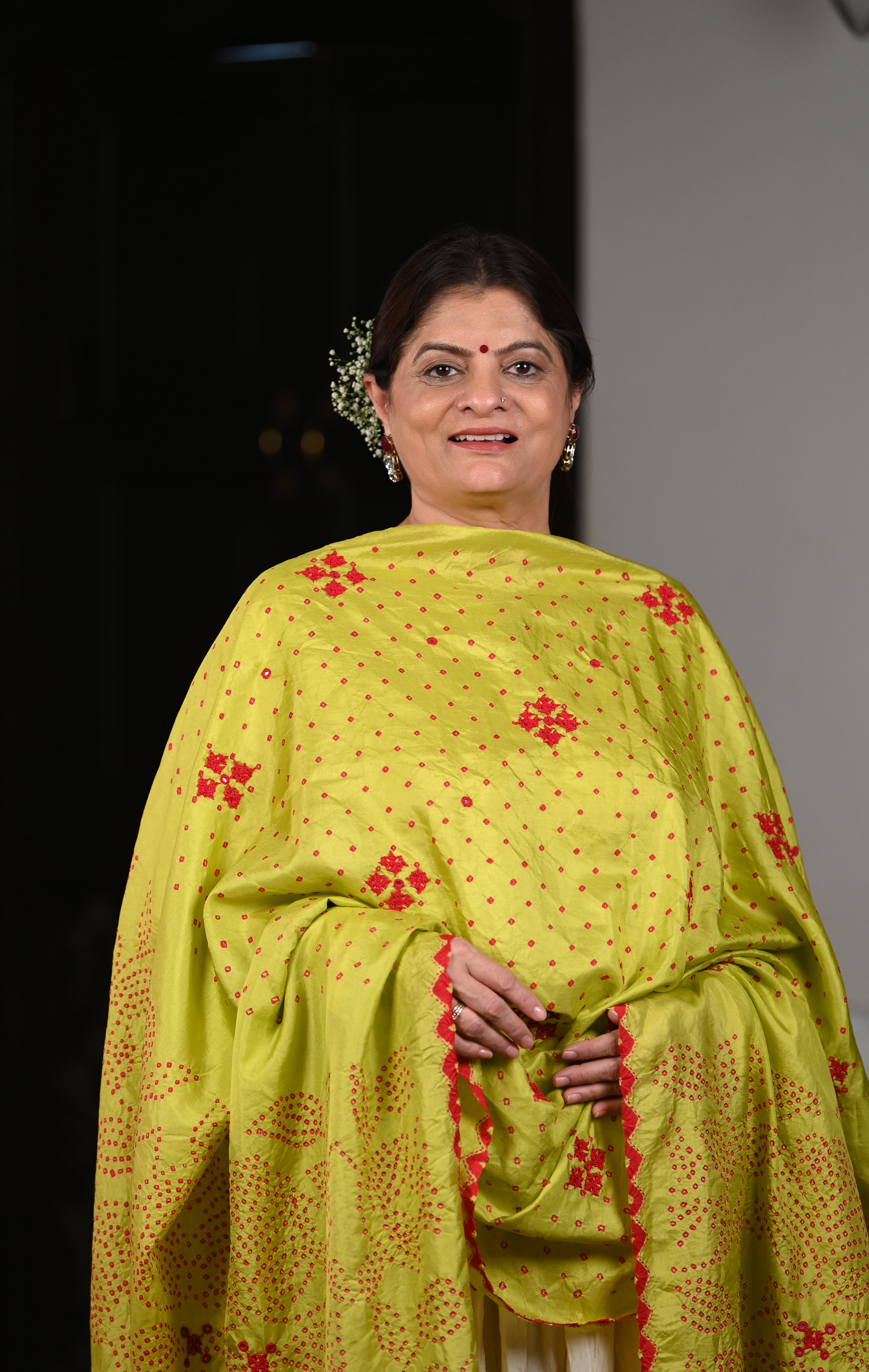 MUSTARD YELLOW POPPY FLOWER BANDHANI SILK DUPATTA WITH EMBROIDERY AND MIRROR BORDER