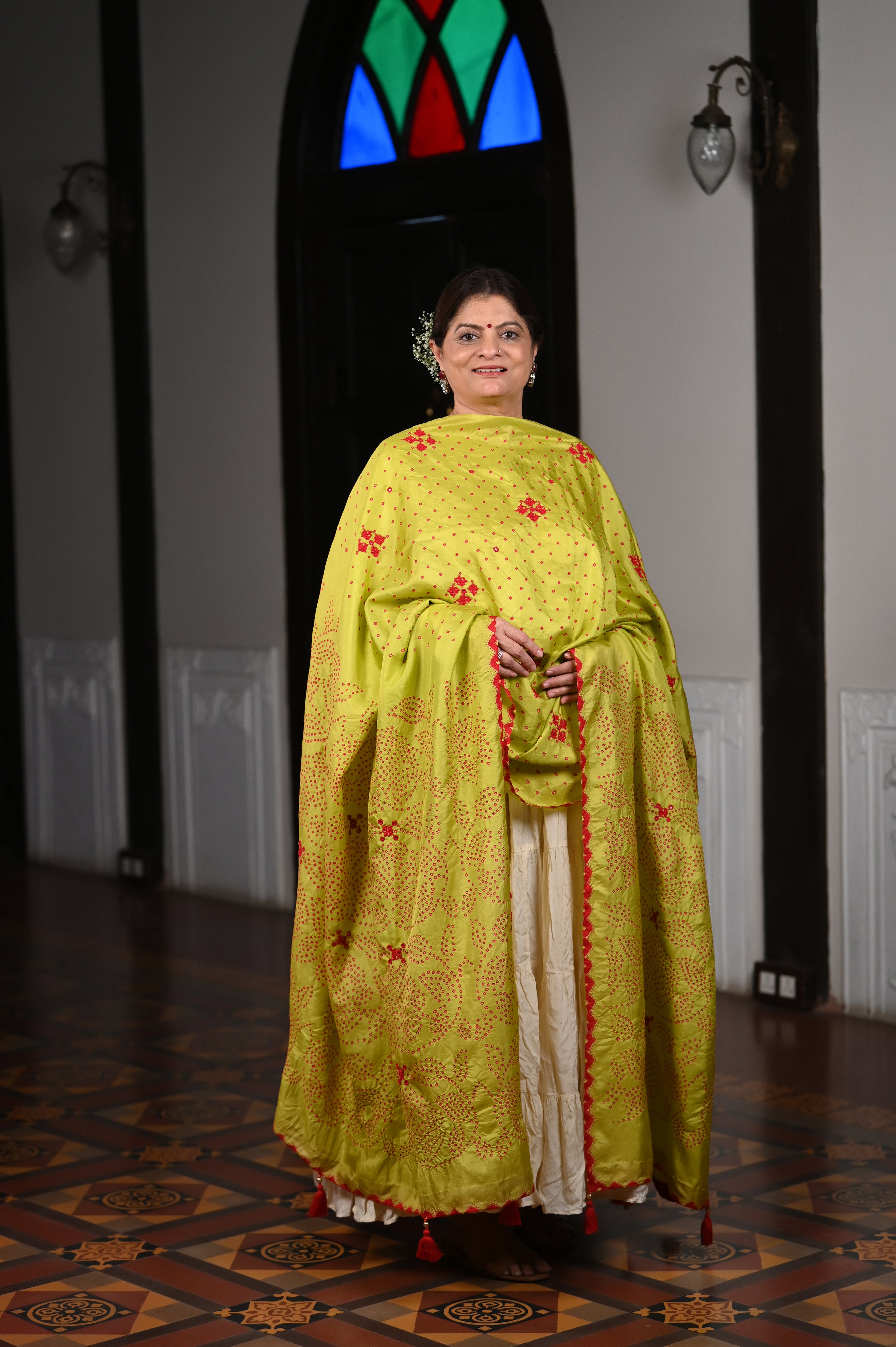 MUSTARD YELLOW POPPY FLOWER BANDHANI SILK DUPATTA WITH EMBROIDERY AND MIRROR BORDER