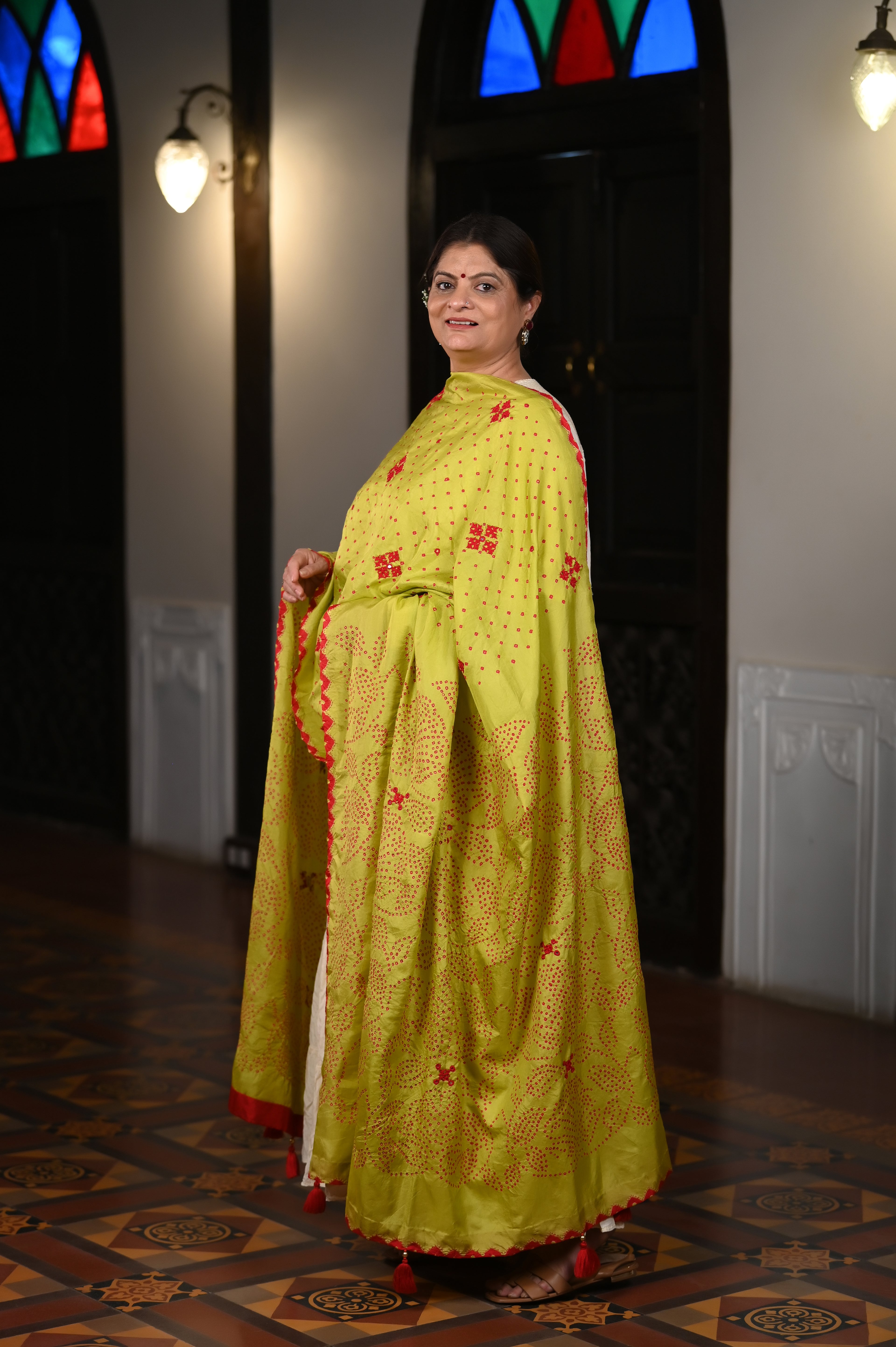 MUSTARD YELLOW POPPY FLOWER BANDHANI SILK DUPATTA WITH EMBROIDERY AND MIRROR BORDER