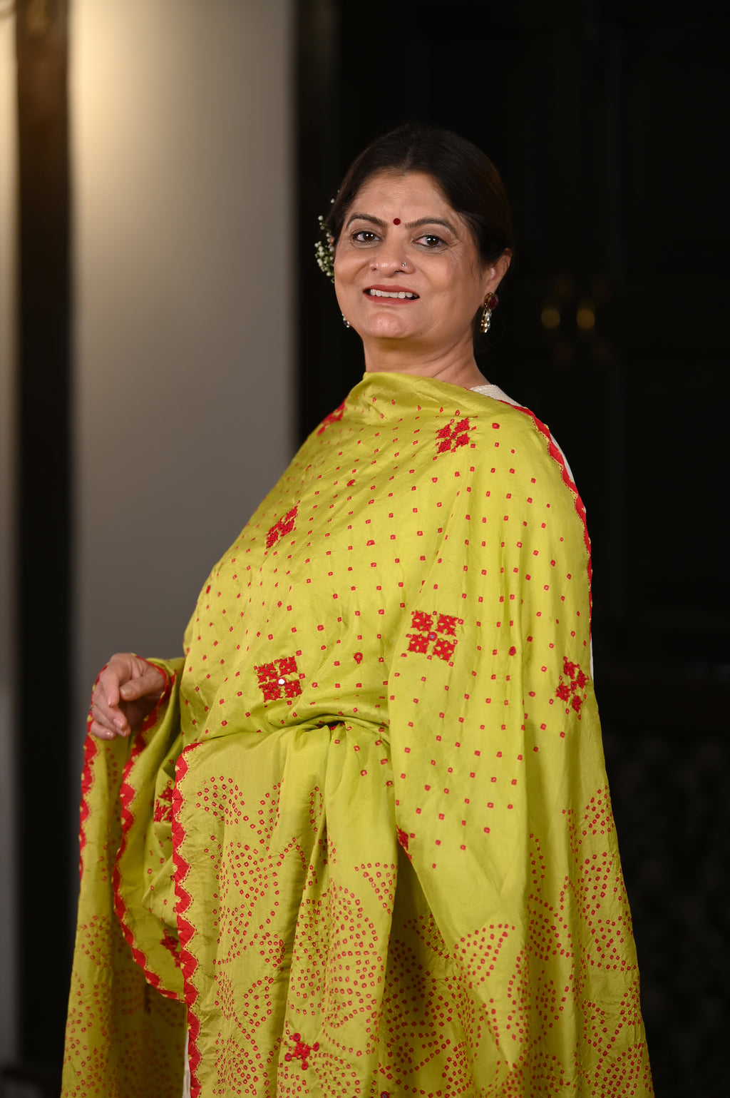 MUSTARD YELLOW POPPY FLOWER BANDHANI SILK DUPATTA WITH EMBROIDERY AND MIRROR BORDER