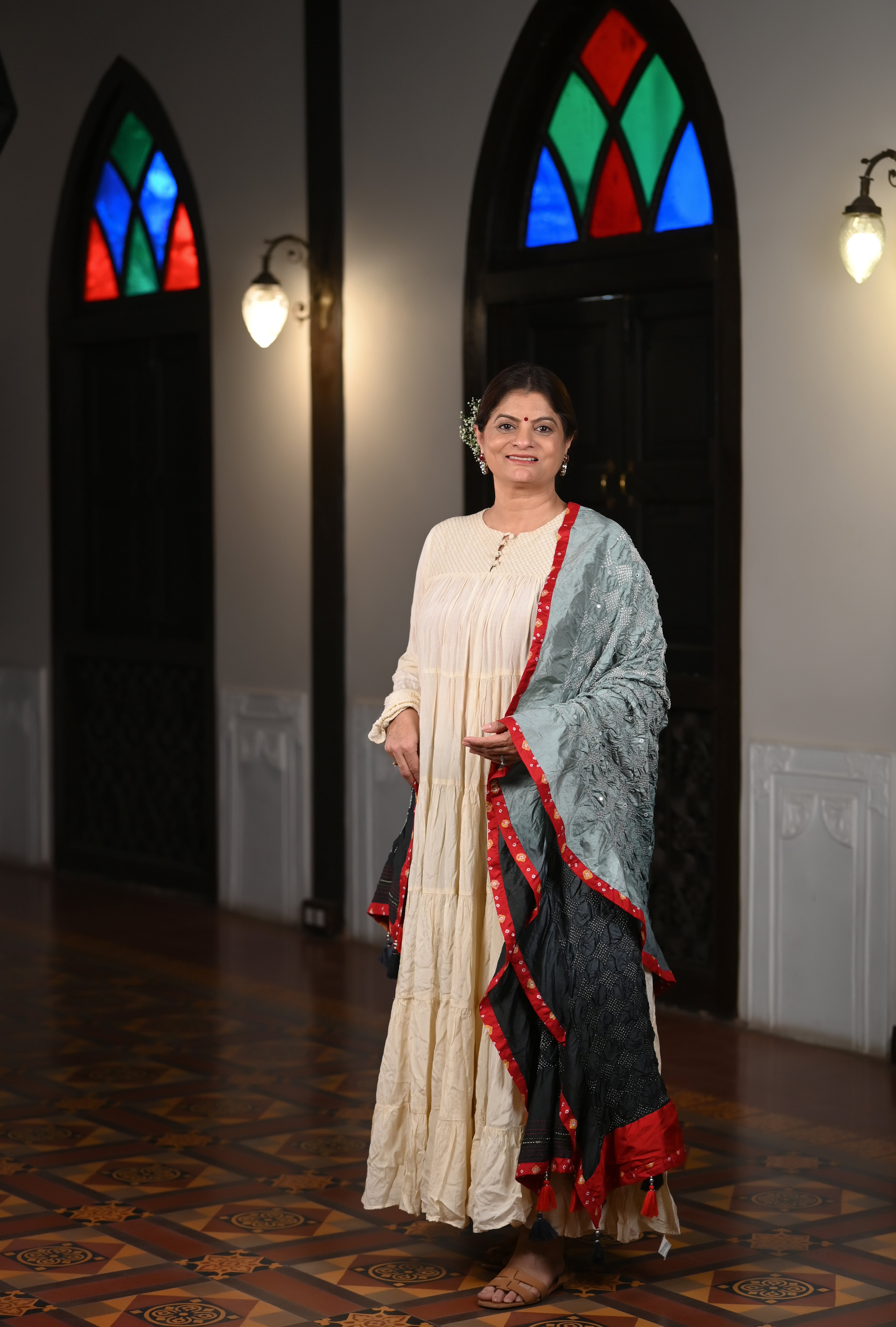 GREY-BLACK S3 DIAMOND BANDHANI SILK DUPATTA WITH MIRROR WORK AND SILK BORDER