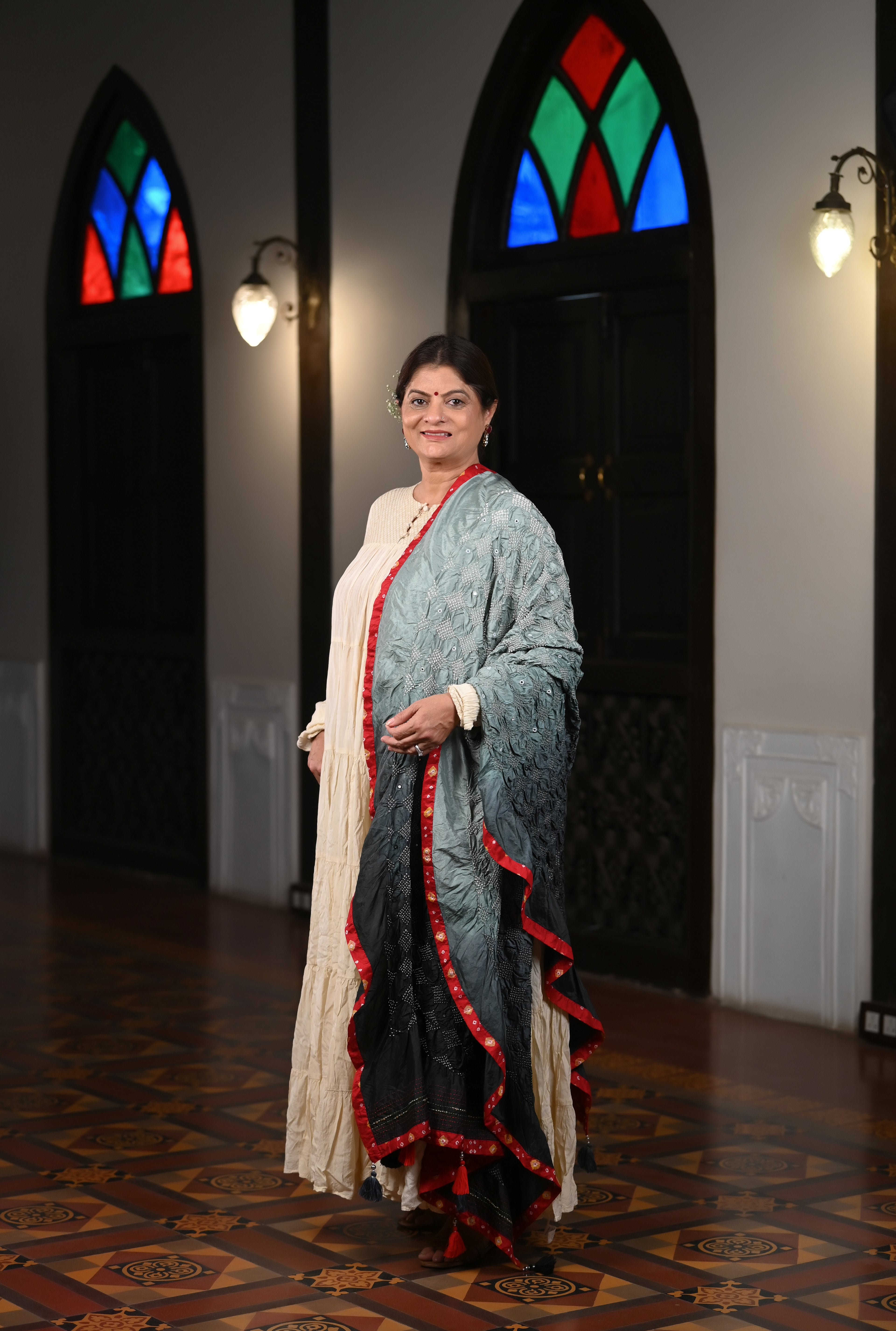 GREY-BLACK S3 DIAMOND BANDHANI SILK DUPATTA WITH MIRROR WORK AND SILK BORDER