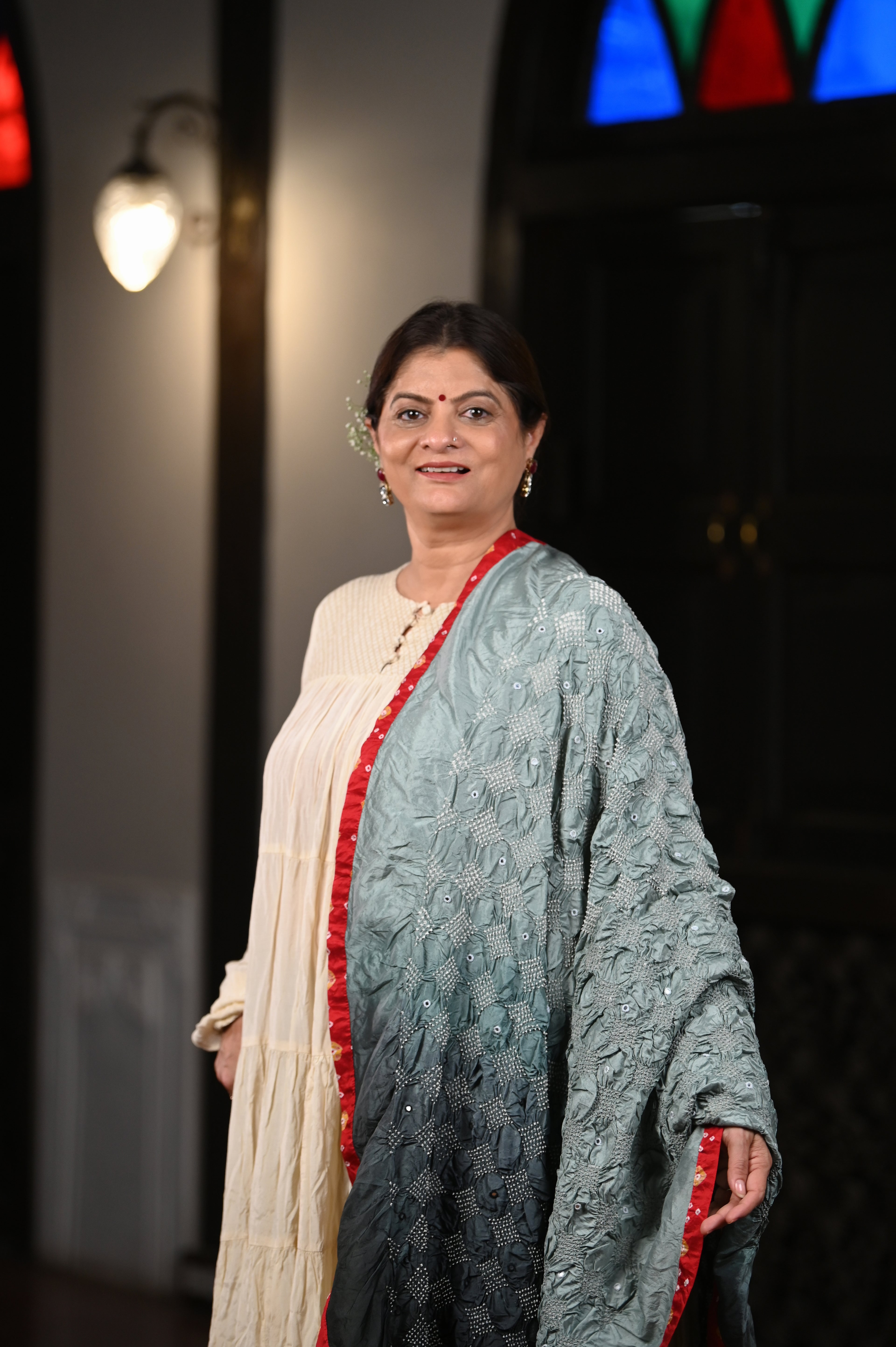GREY-BLACK S3 DIAMOND BANDHANI SILK DUPATTA WITH MIRROR WORK AND SILK BORDER