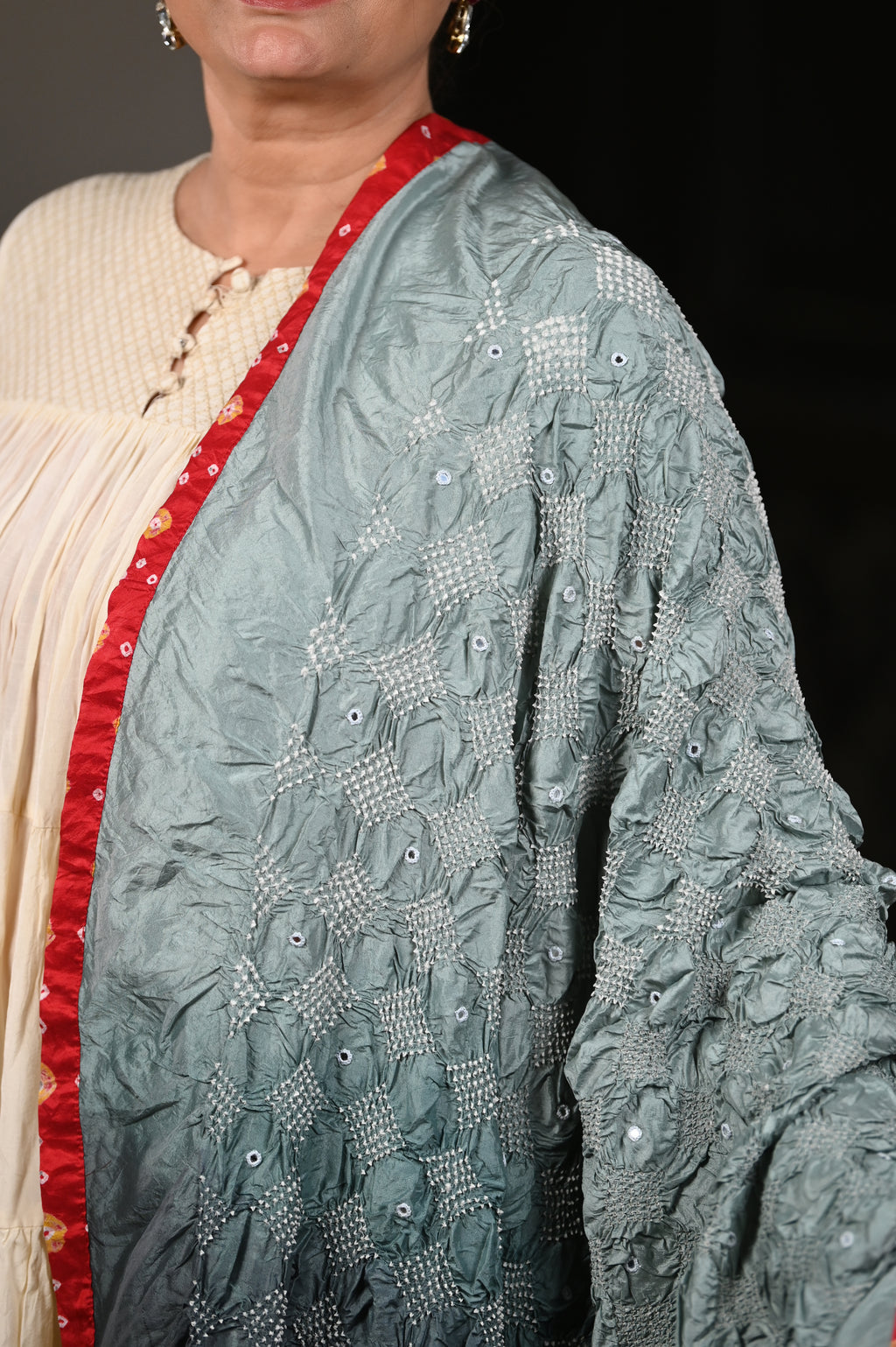 GREY-BLACK S3 DIAMOND BANDHANI SILK DUPATTA WITH MIRROR WORK AND SILK BORDER