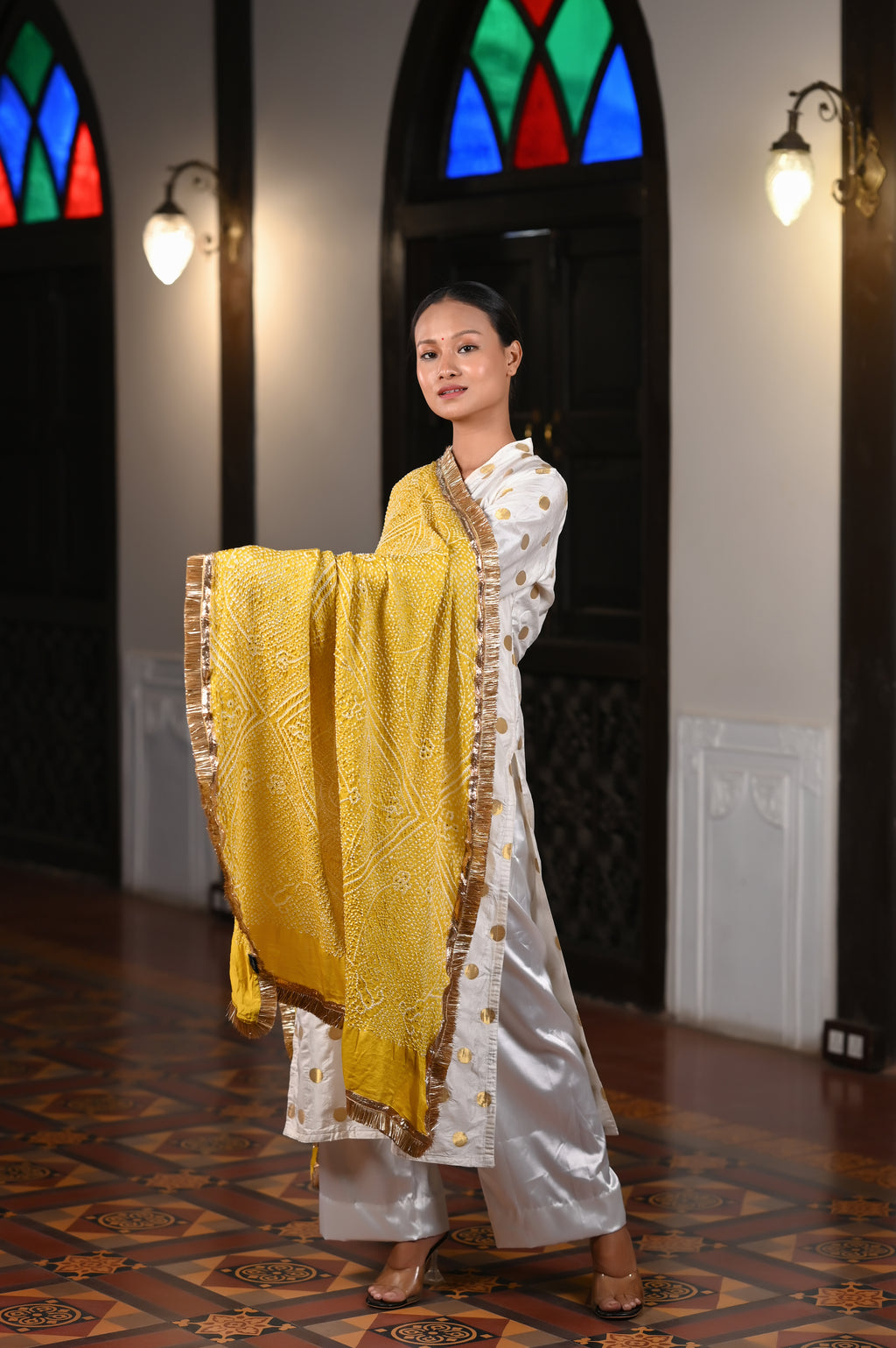 YELLOW CLASSIC TRADITIONAL RUMAL BANDHANI SILK DUPATTA WITH LAMPI AND KIRAN BORDER