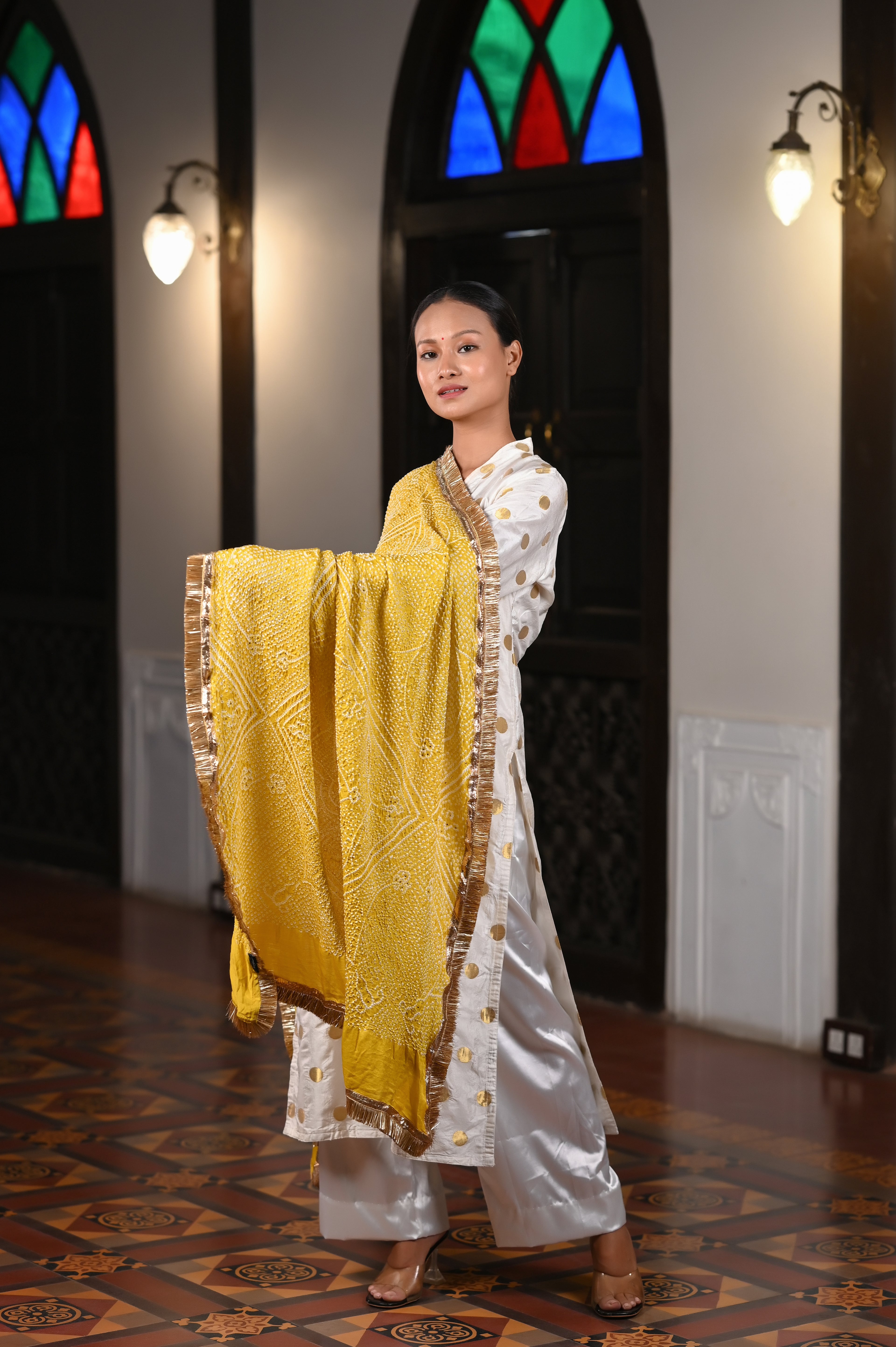 YELLOW CLASSIC TRADITIONAL RUMAL BANDHANI SILK DUPATTA WITH LAMPI AND KIRAN BORDER