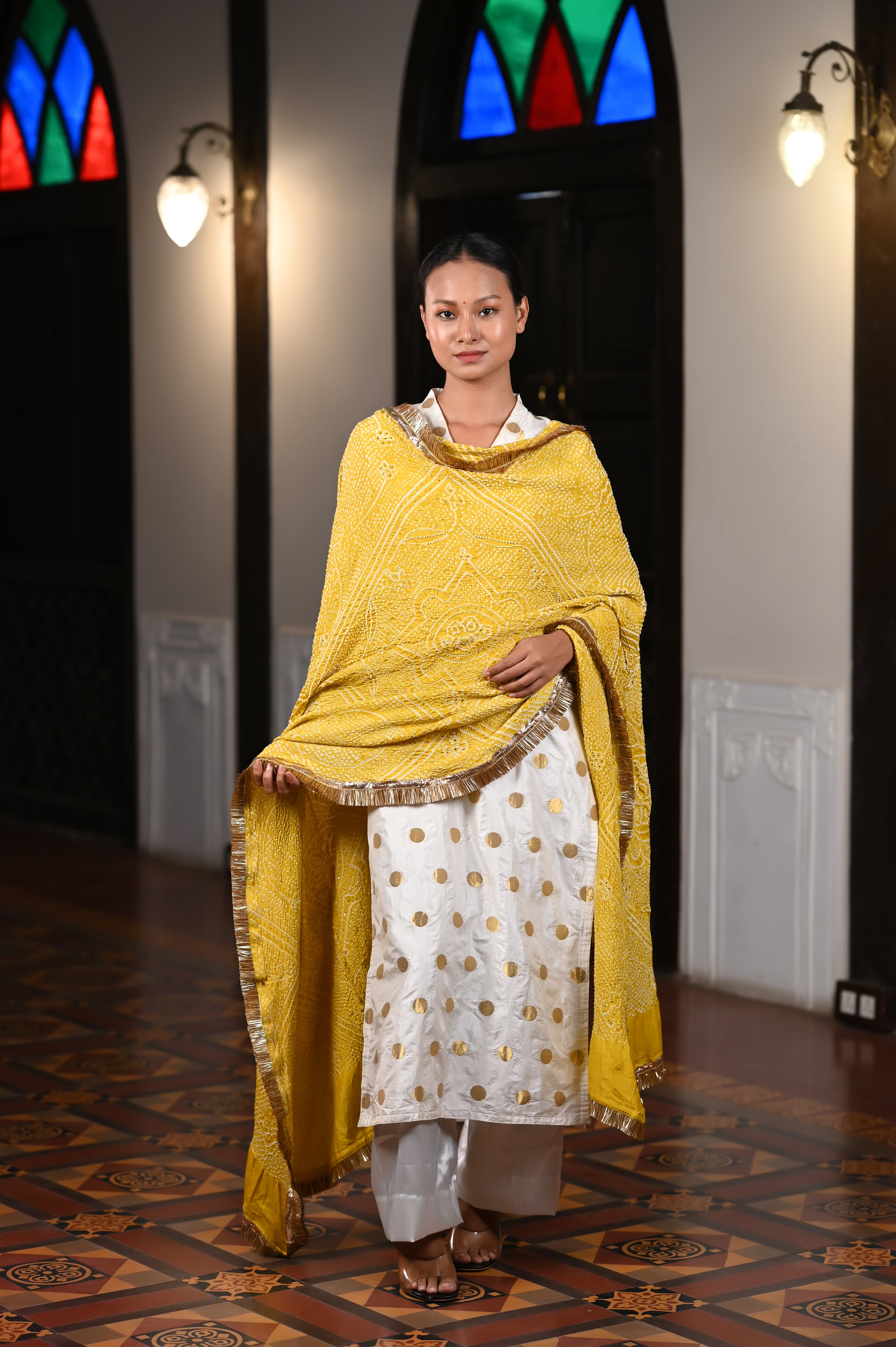 YELLOW CLASSIC TRADITIONAL RUMAL BANDHANI SILK DUPATTA WITH LAMPI AND KIRAN BORDER
