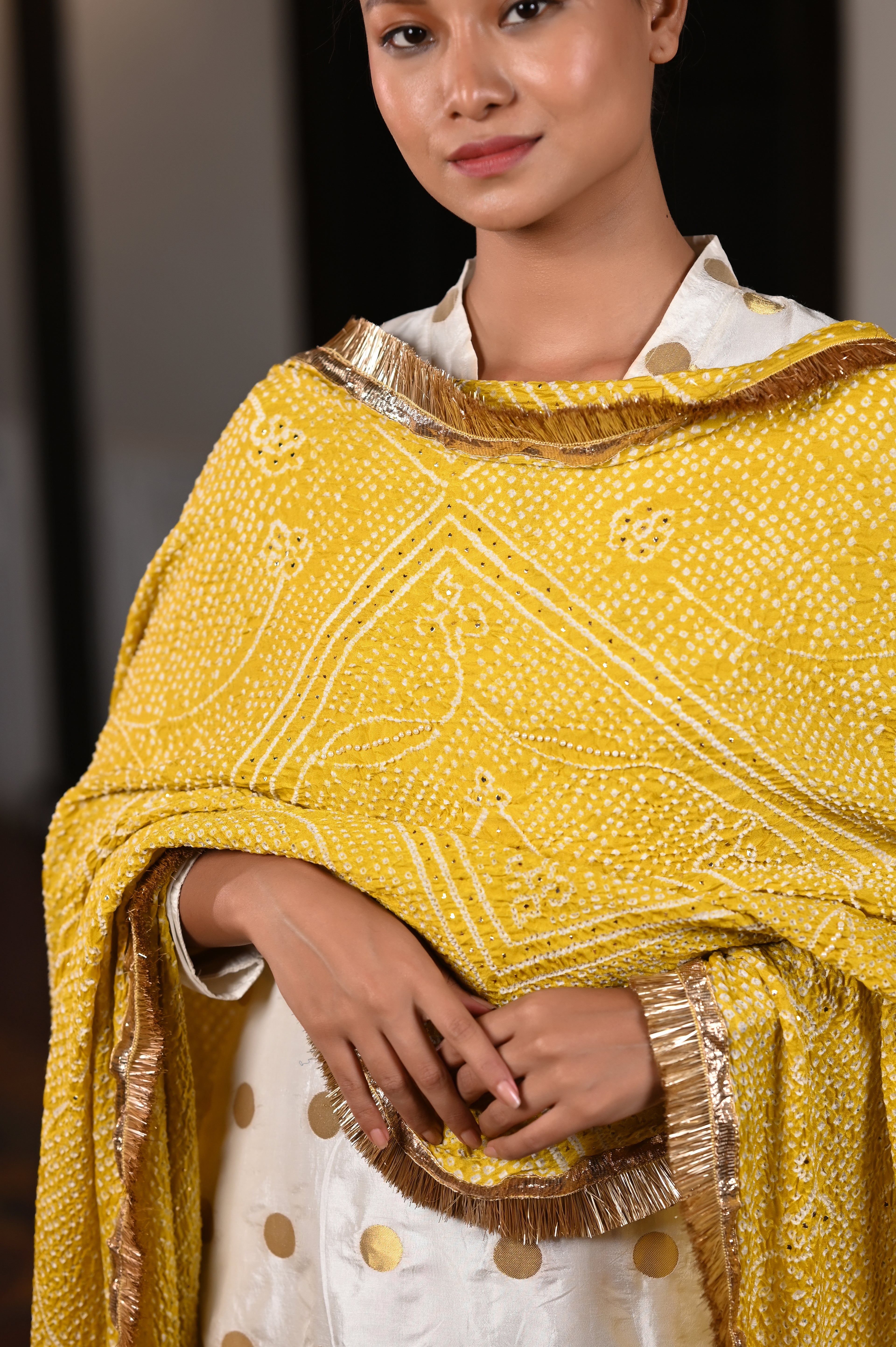 YELLOW CLASSIC TRADITIONAL RUMAL BANDHANI SILK DUPATTA WITH LAMPI AND KIRAN BORDER