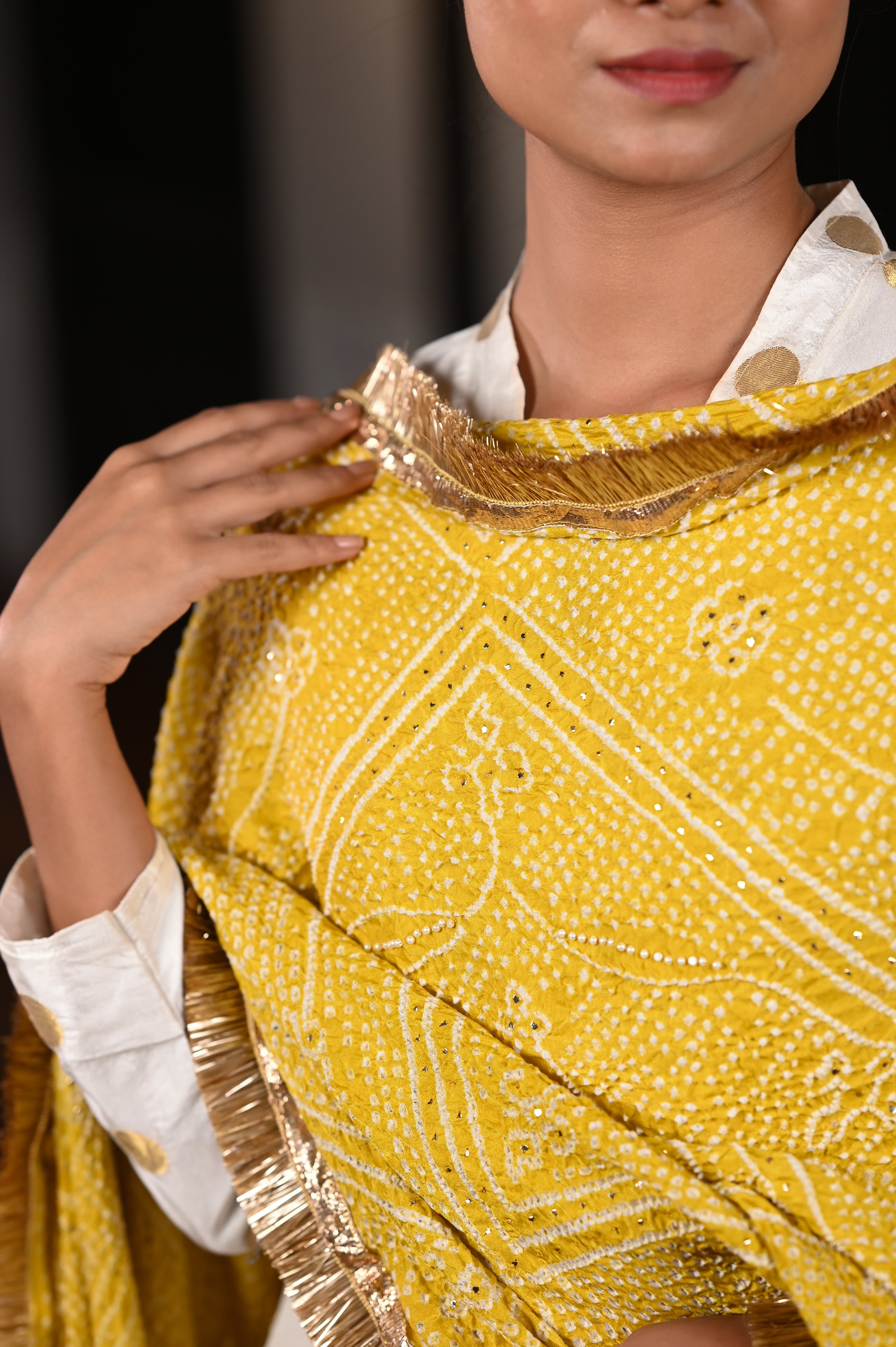 YELLOW CLASSIC TRADITIONAL RUMAL BANDHANI SILK DUPATTA WITH LAMPI AND KIRAN BORDER