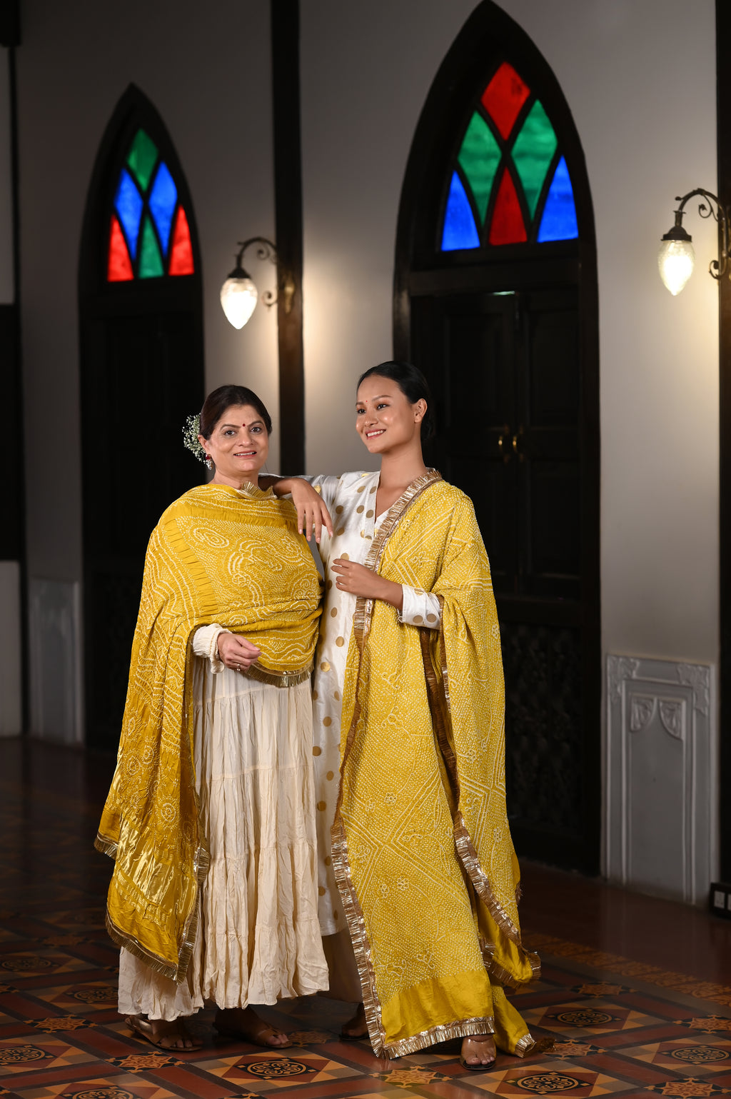 YELLOW CLASSIC TRADITIONAL RUMAL BANDHANI SILK DUPATTA WITH LAMPI AND KIRAN BORDER