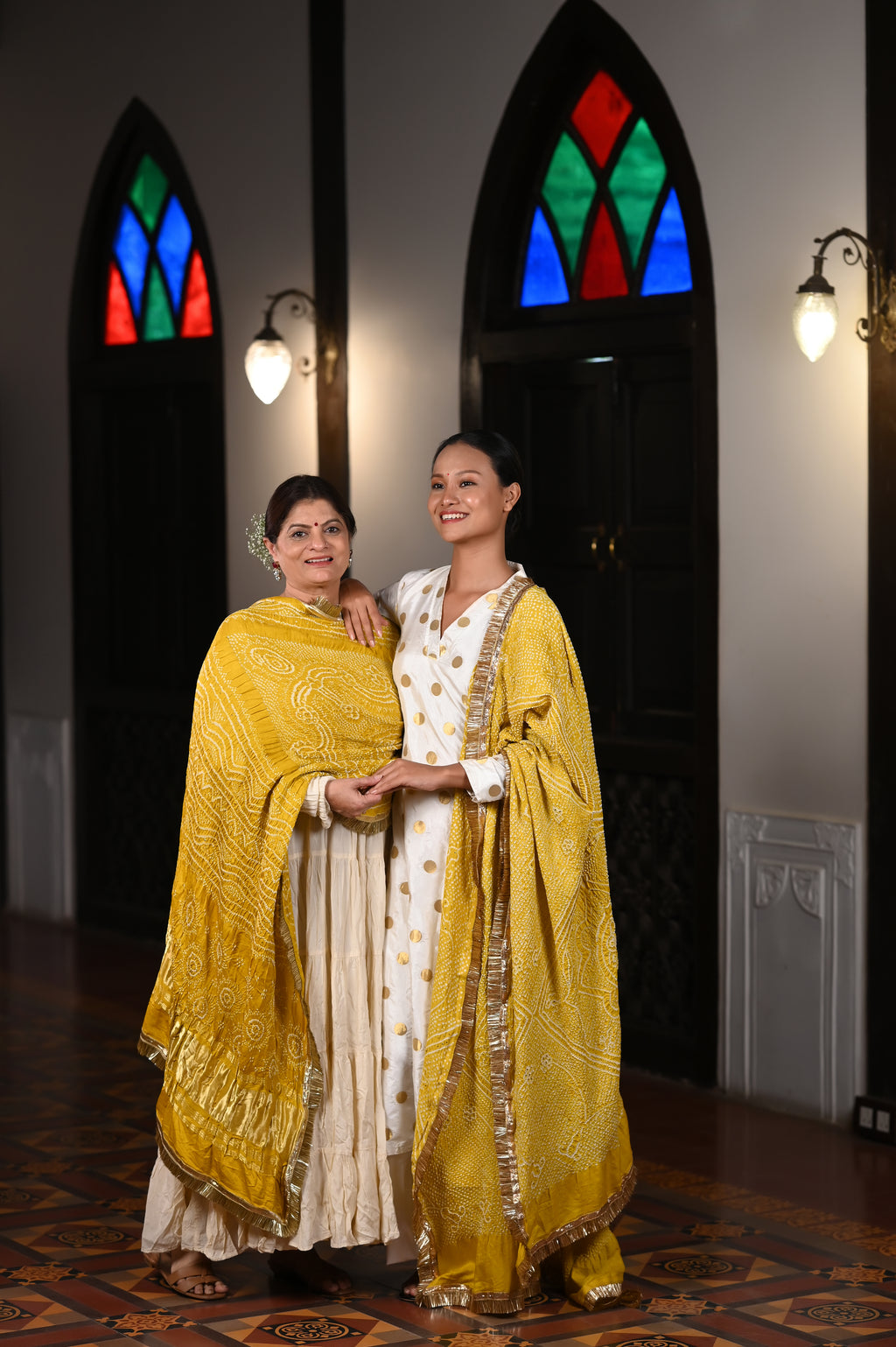 YELLOW CLASSIC TRADITIONAL RUMAL BANDHANI SILK DUPATTA WITH LAMPI AND KIRAN BORDER