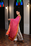 PINK-RED GEOMETRIC BANDHANI SILK DUPATTA WITH APPLIQUE BORDER AND KIRAN