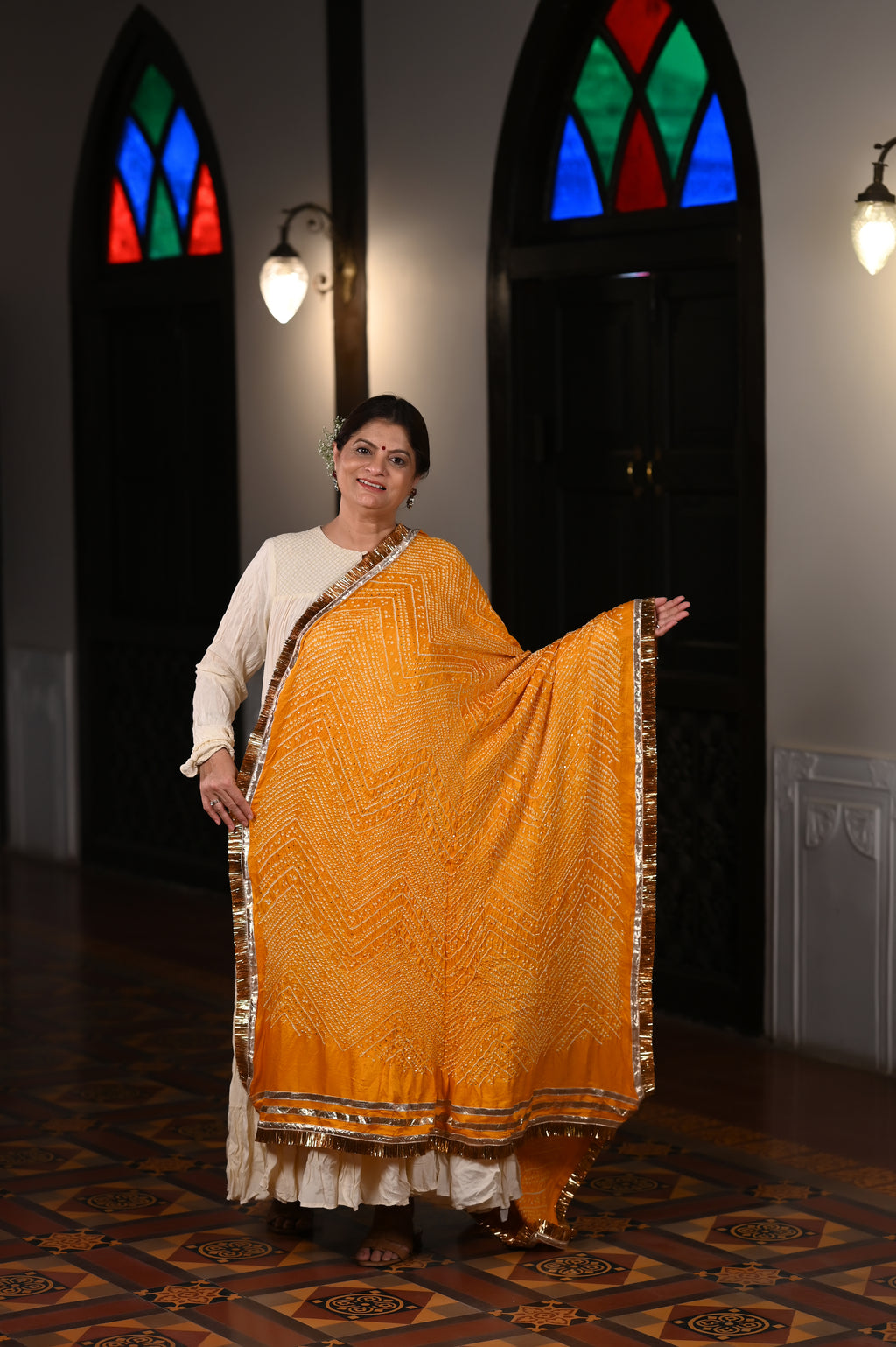 YELLOW CHEVRON BANDHANI SILK DUPATTA WITH LAMPI AND KIRAN BORDER
