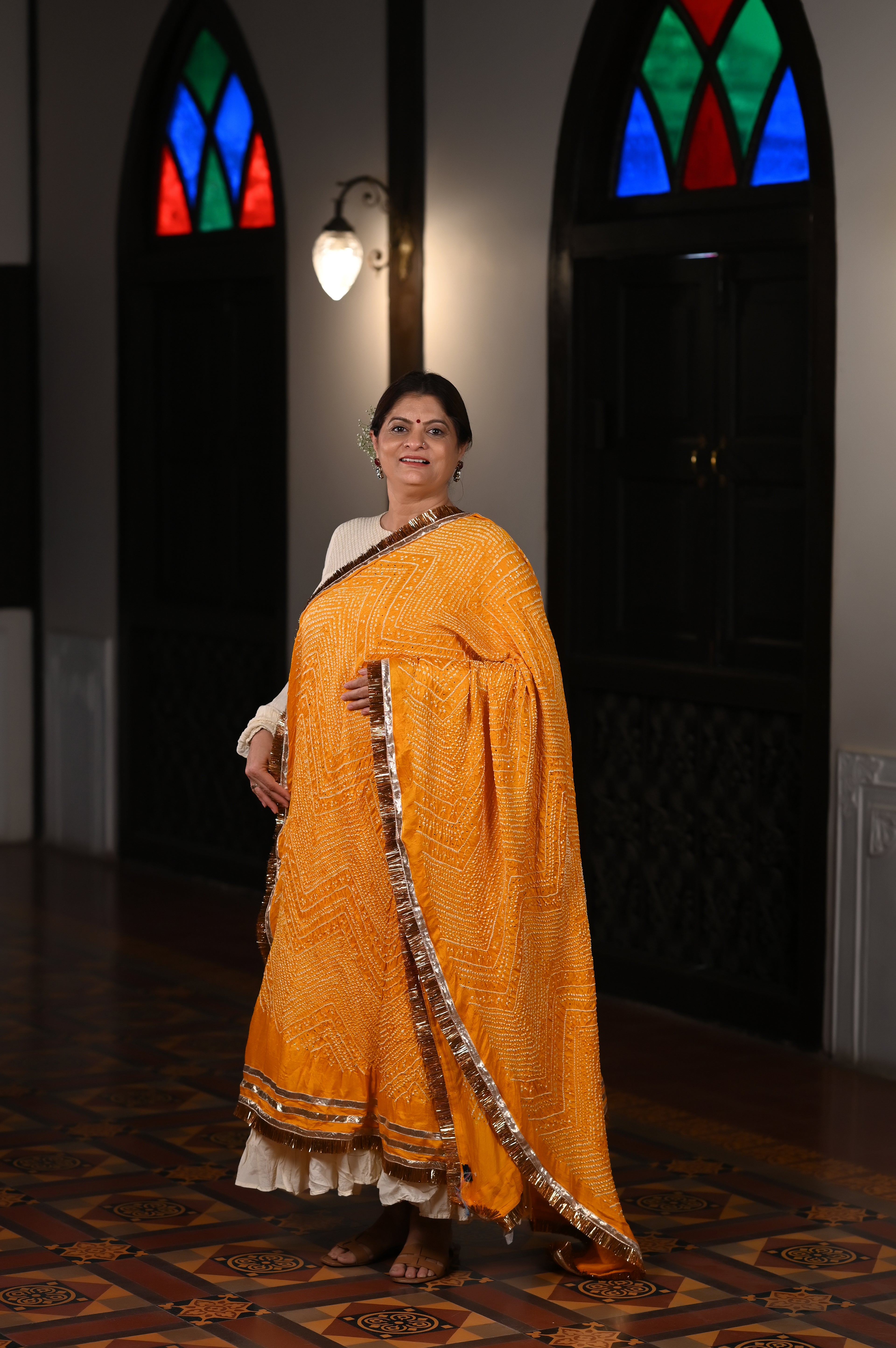 YELLOW CHEVRON BANDHANI SILK DUPATTA WITH LAMPI AND KIRAN BORDER